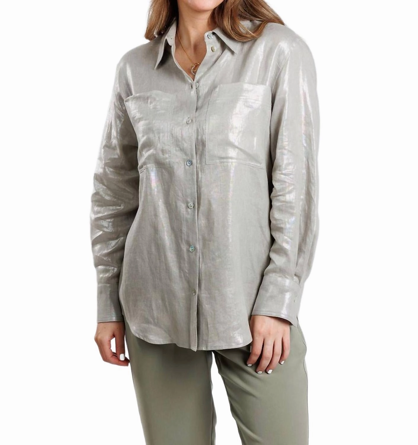 Larix Laminated Linen Blouse In Light Grey