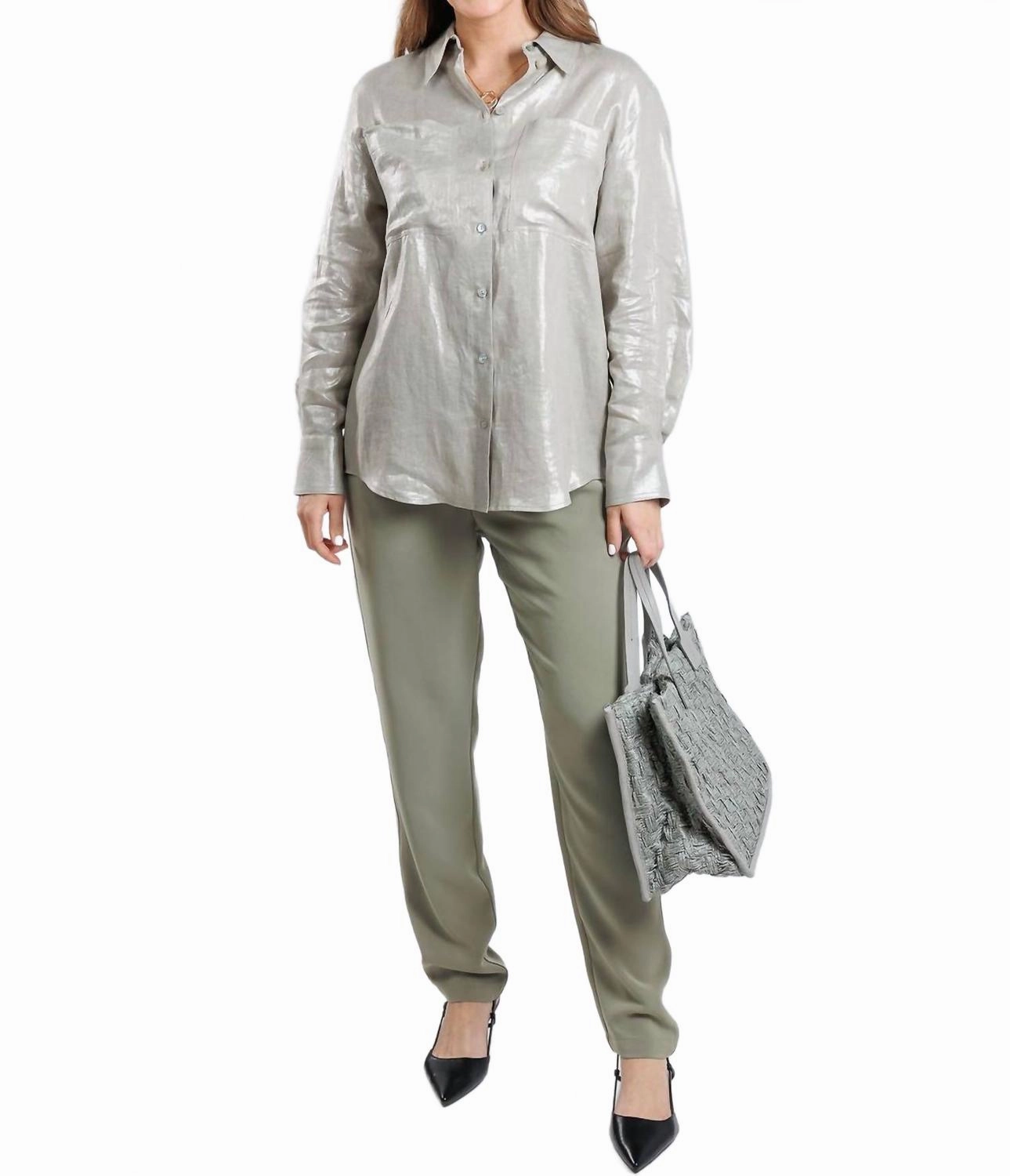 Larix Laminated Linen Blouse In Light Grey