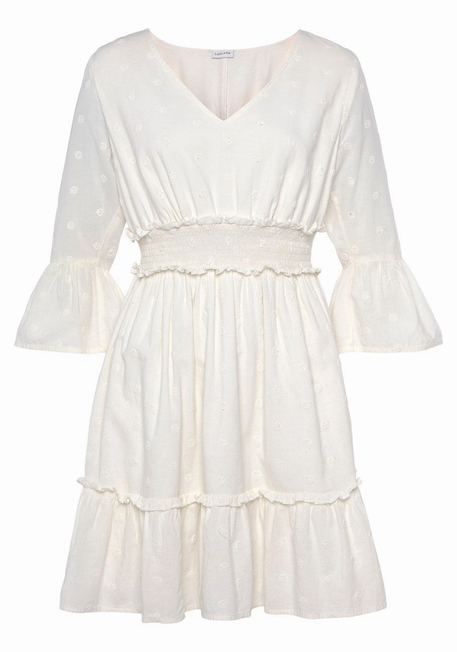 LASCANA Women's Eyelet Detail V-Neck Dress