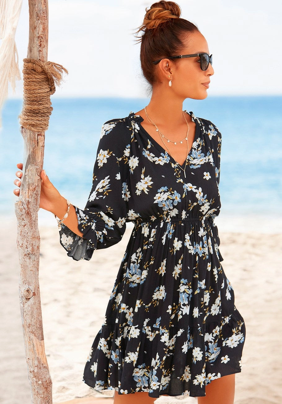 LASCANA Women's Ruffle 3/4 Sleeve Dress