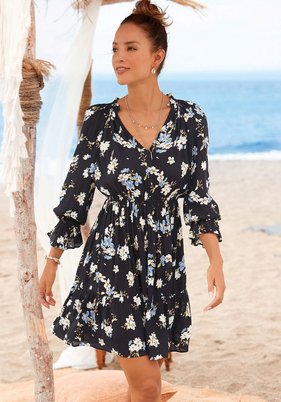 LASCANA Women's Ruffle 3/4 Sleeve Dress