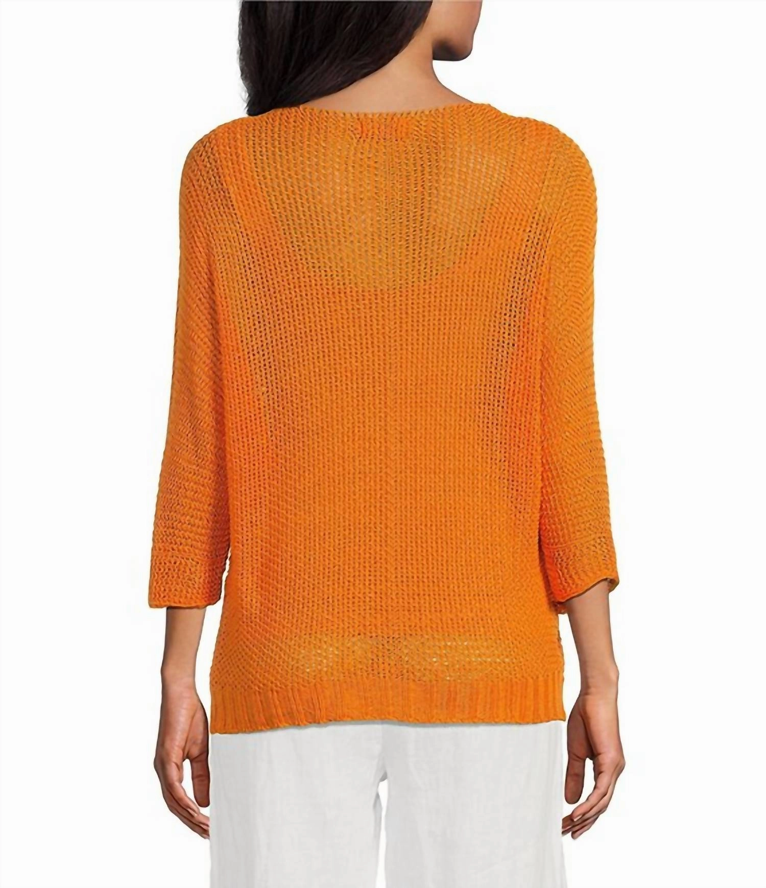 Lightweight Knitted 3/4 Sleeve Top In Orange
