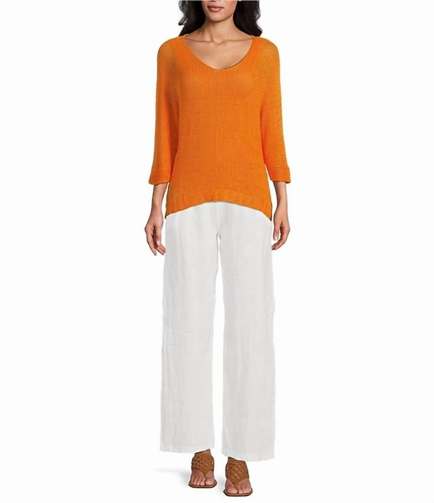 Lightweight Knitted 3/4 Sleeve Top In Orange