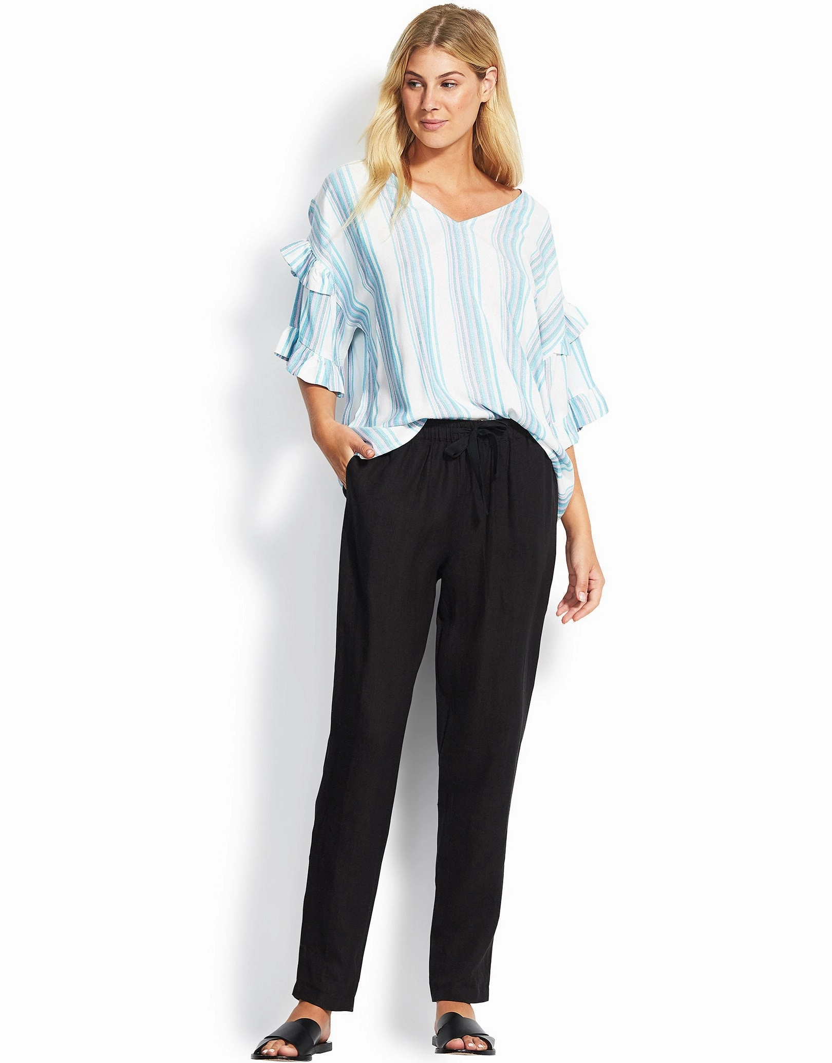 Linen Drawcord Trousers - Black Seafolly - Seafolly bikinis sale