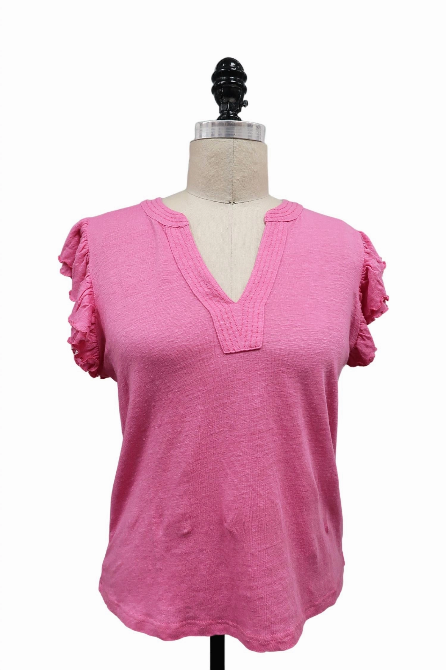 Linen Jersey Solid Double Ruffle Sleeve Top In Pink