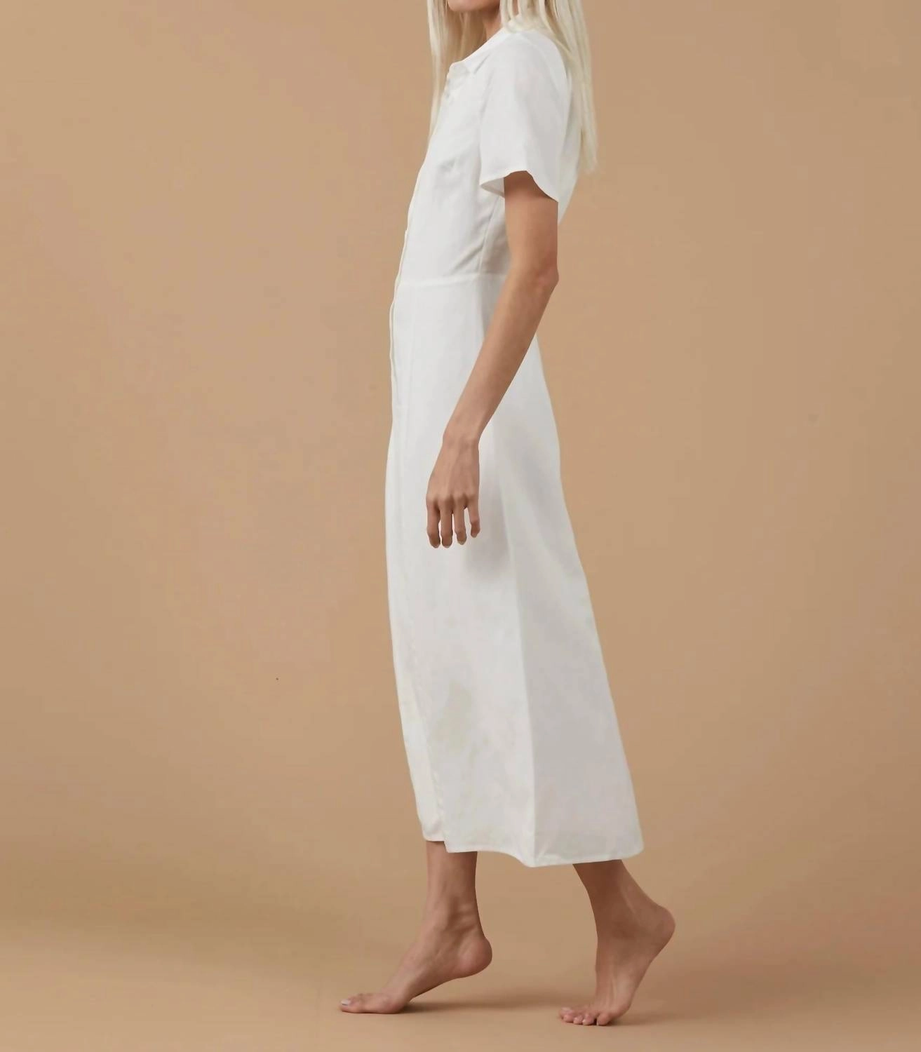 Linen Short Sleeve Shirt Dress In White
