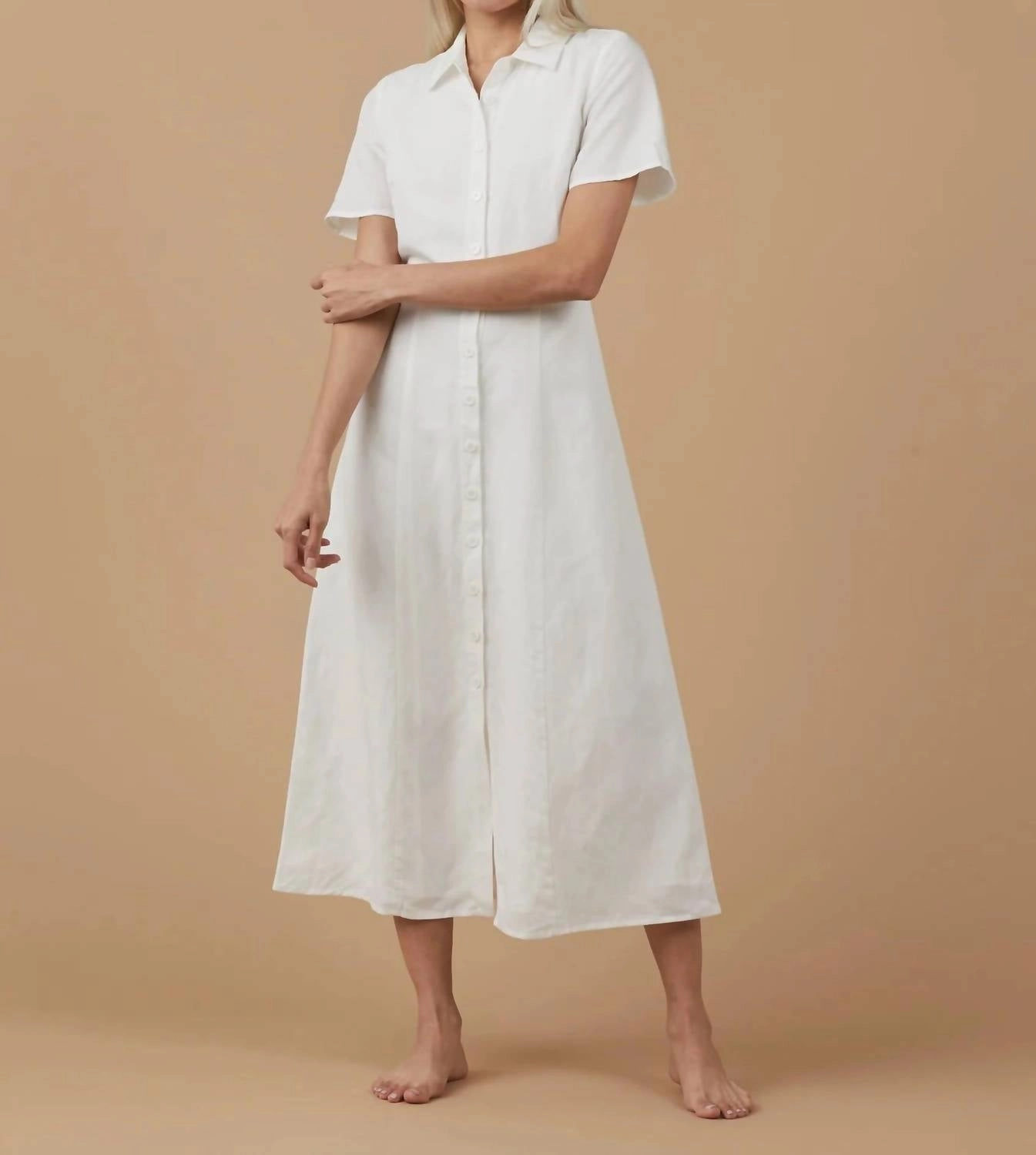 Linen Short Sleeve Shirt Dress In White