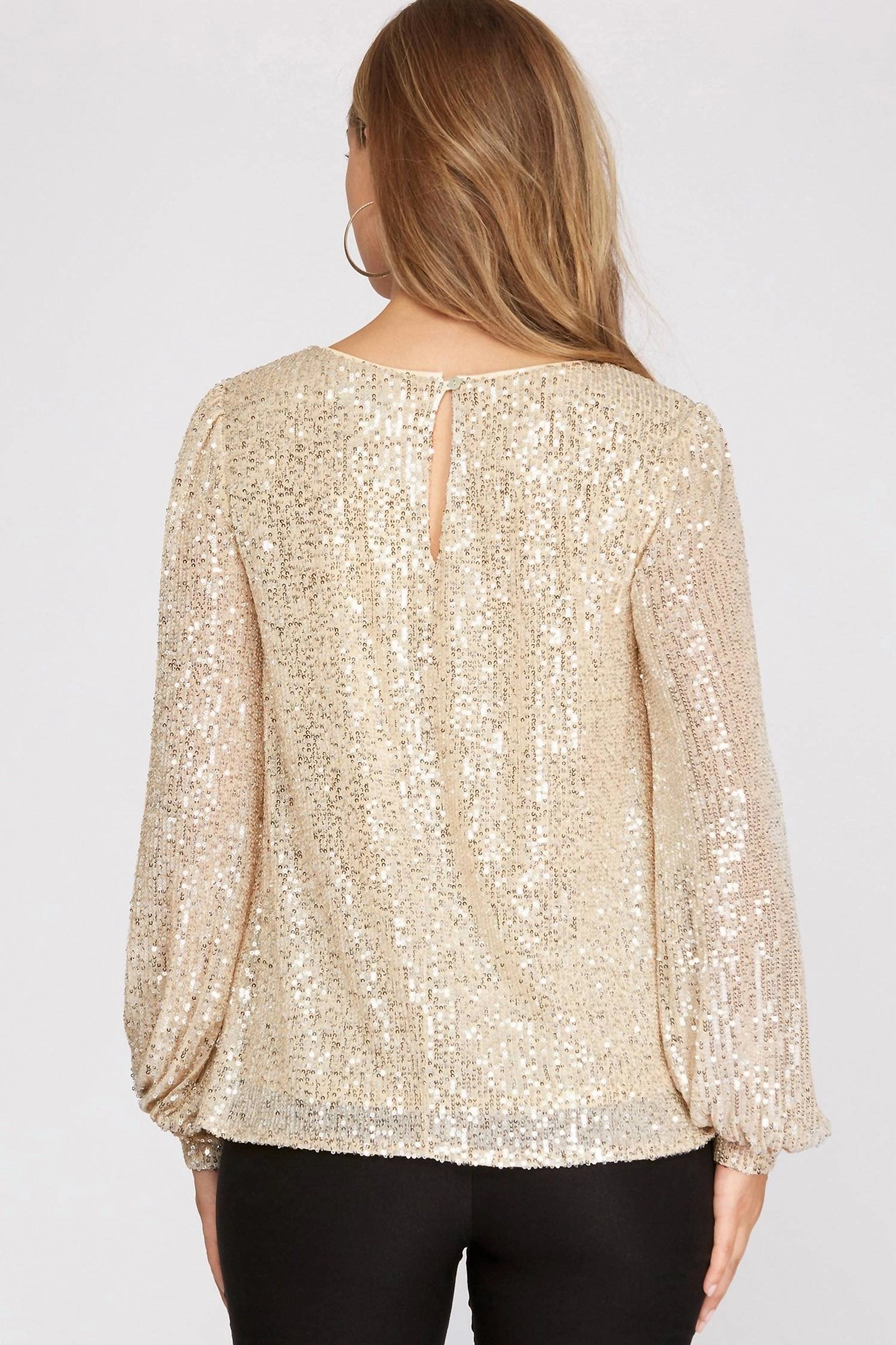 Long Balloon Sleeve Sequin Top In Cream