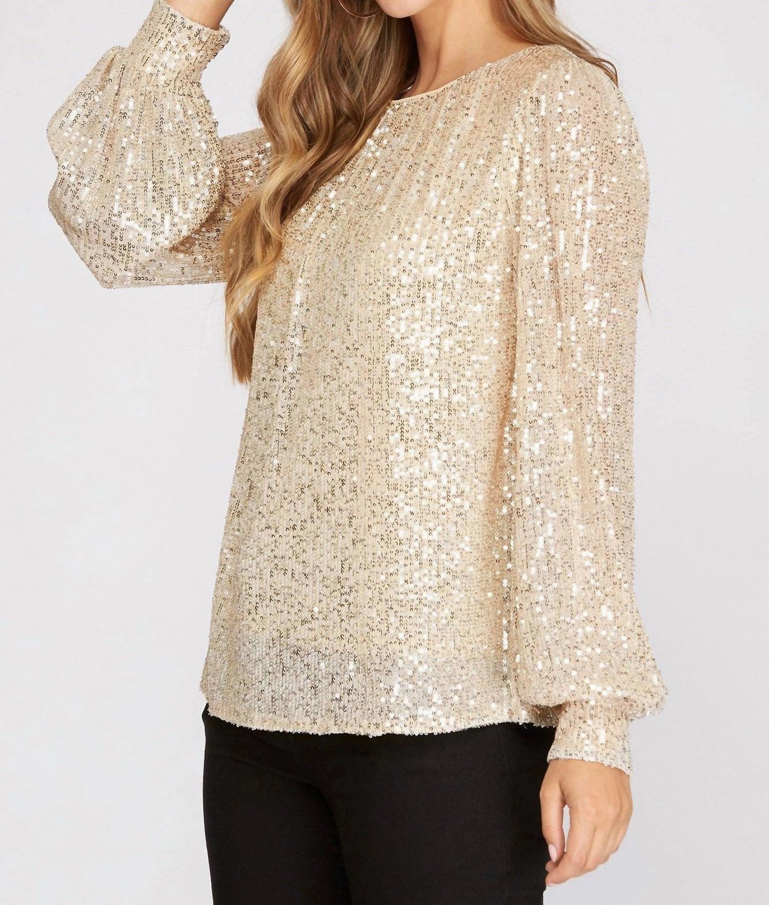 Long Balloon Sleeve Sequin Top In Cream
