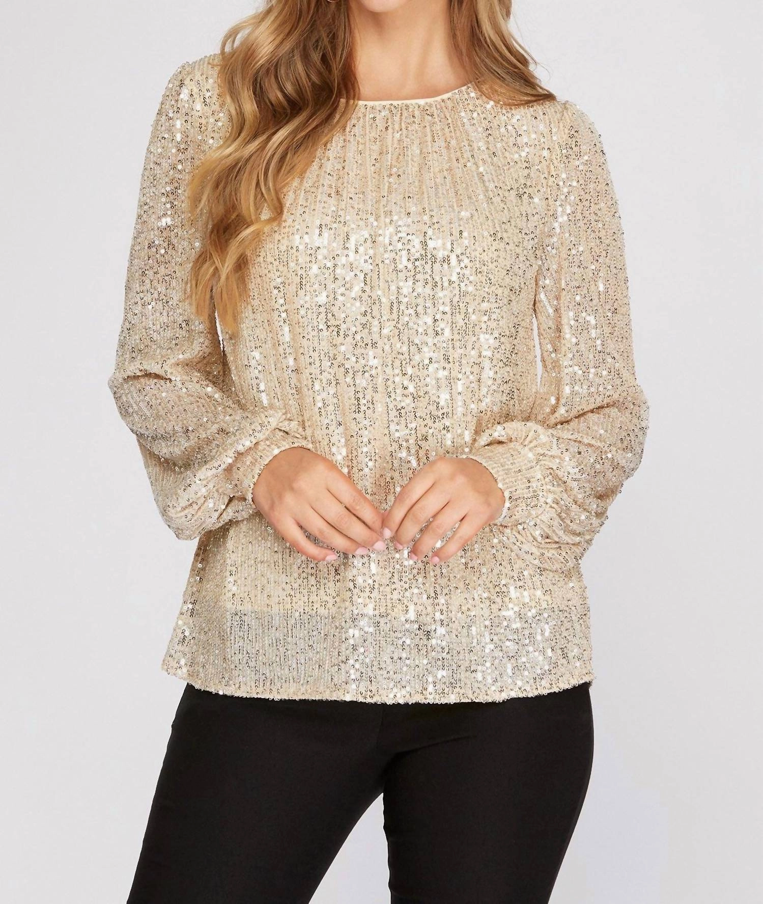 Long Balloon Sleeve Sequin Top In Cream