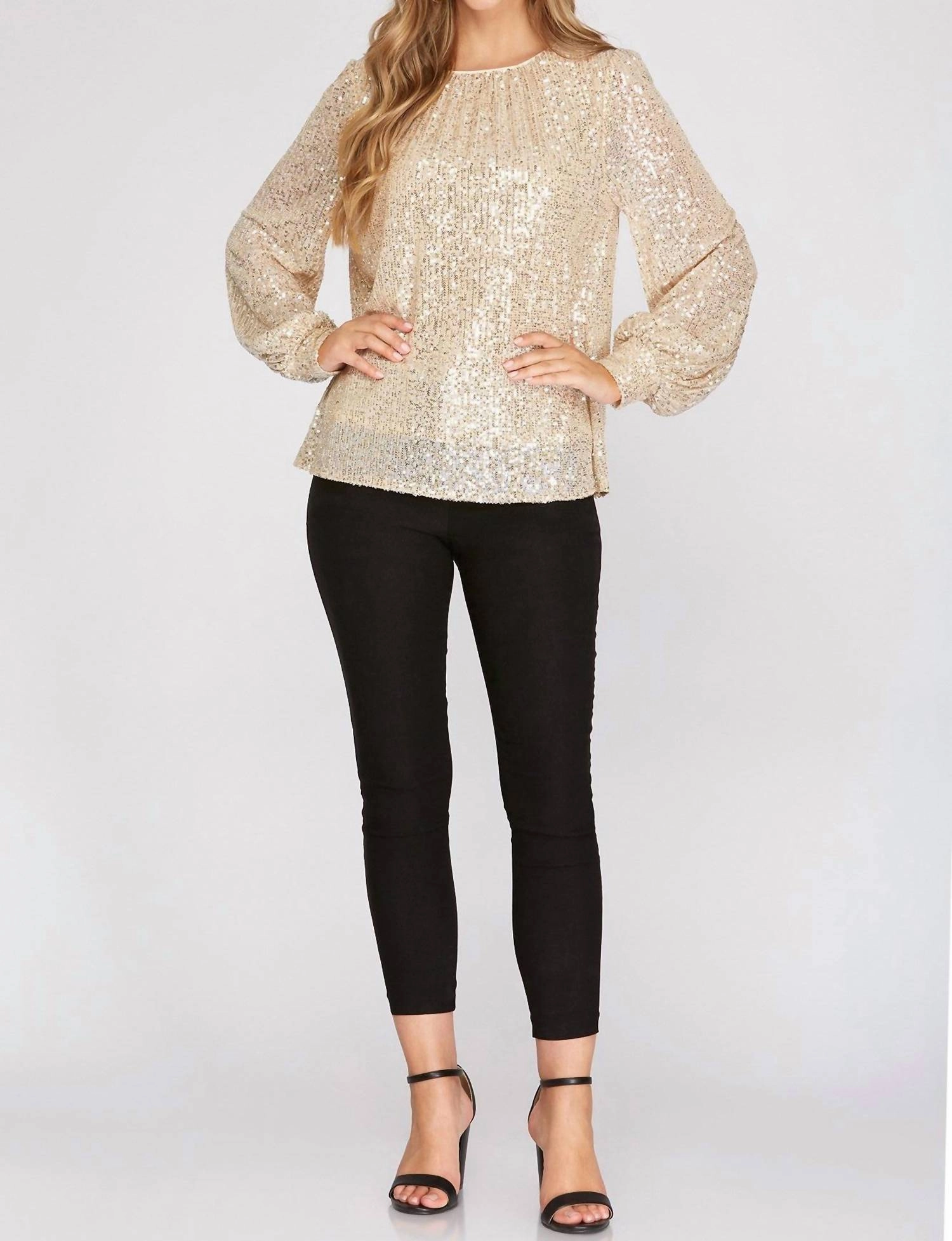 Long Balloon Sleeve Sequin Top In Cream