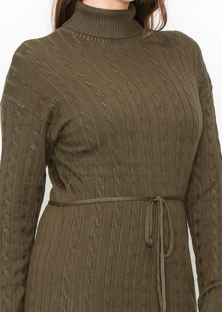 Long Olive Knit Dress with Belt