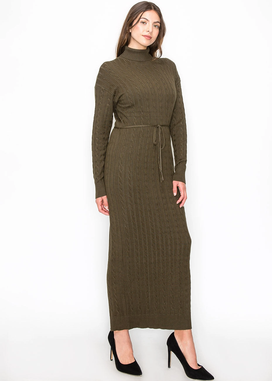 Long Olive Knit Dress with Belt