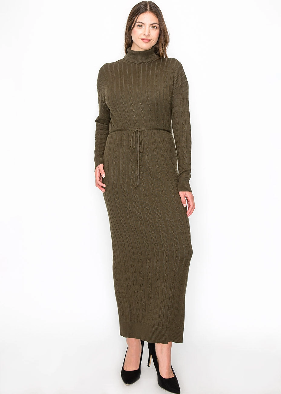Long Olive Knit Dress with Belt