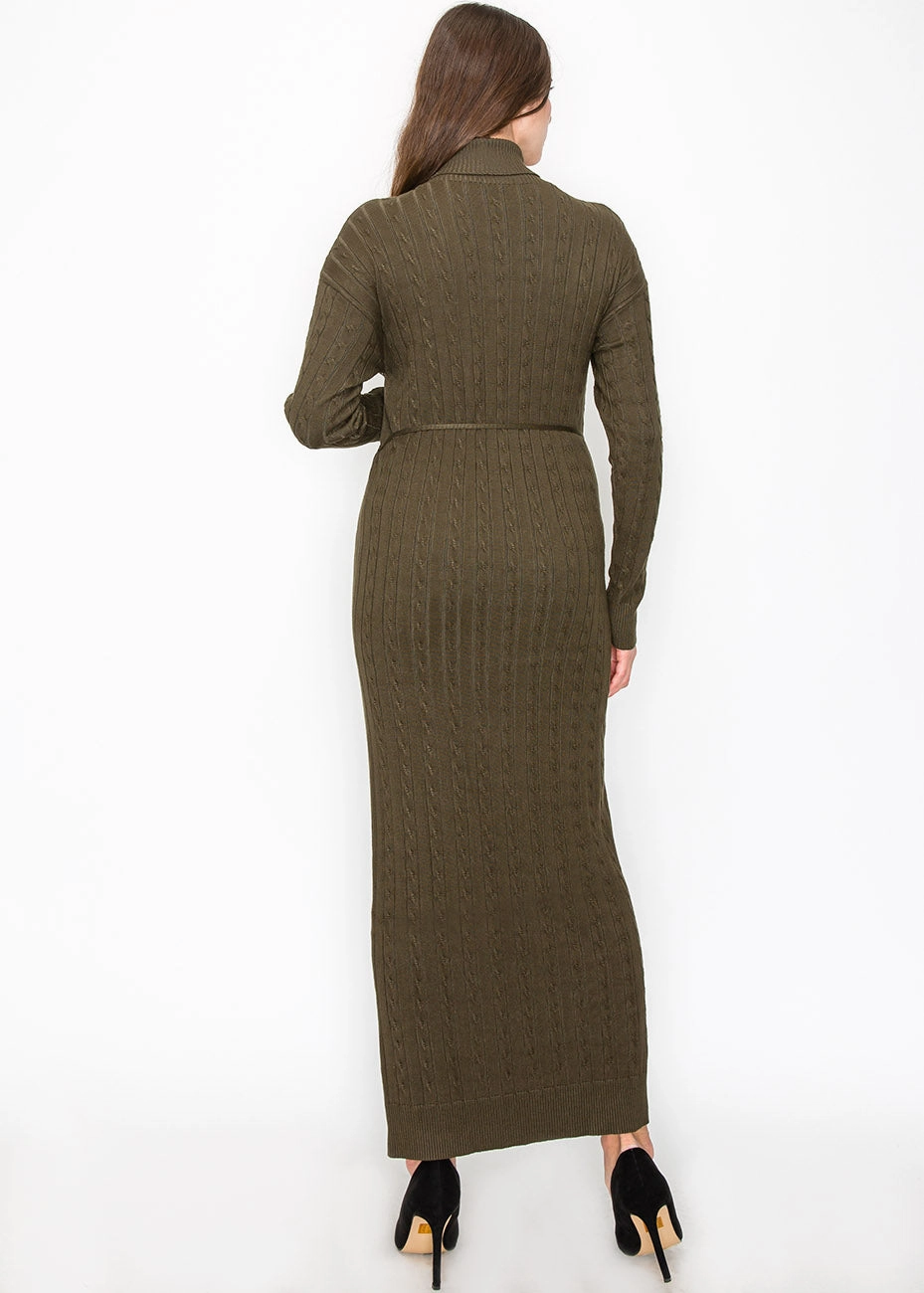 Long Olive Knit Dress with Belt