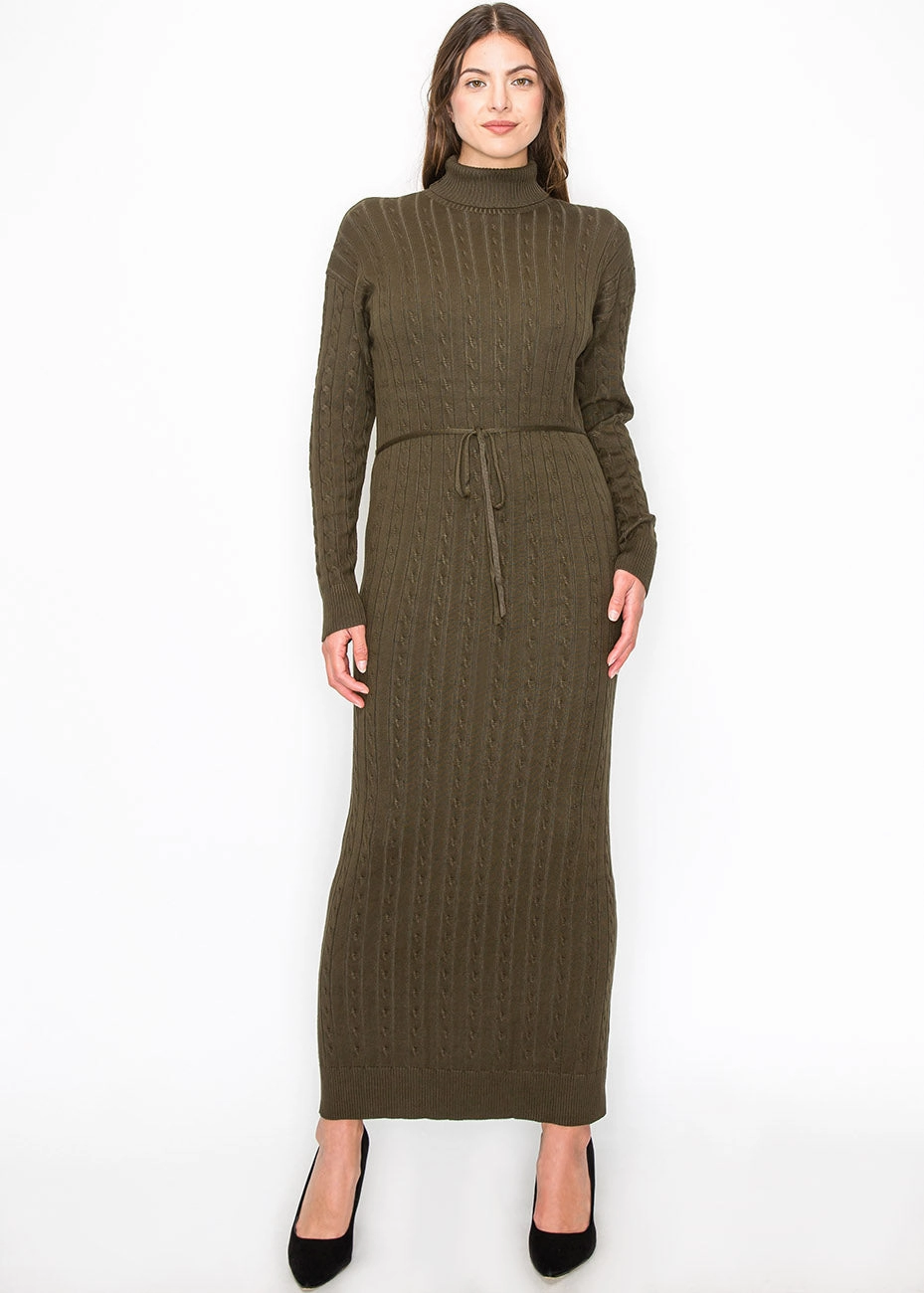 Long Olive Knit Dress with Belt