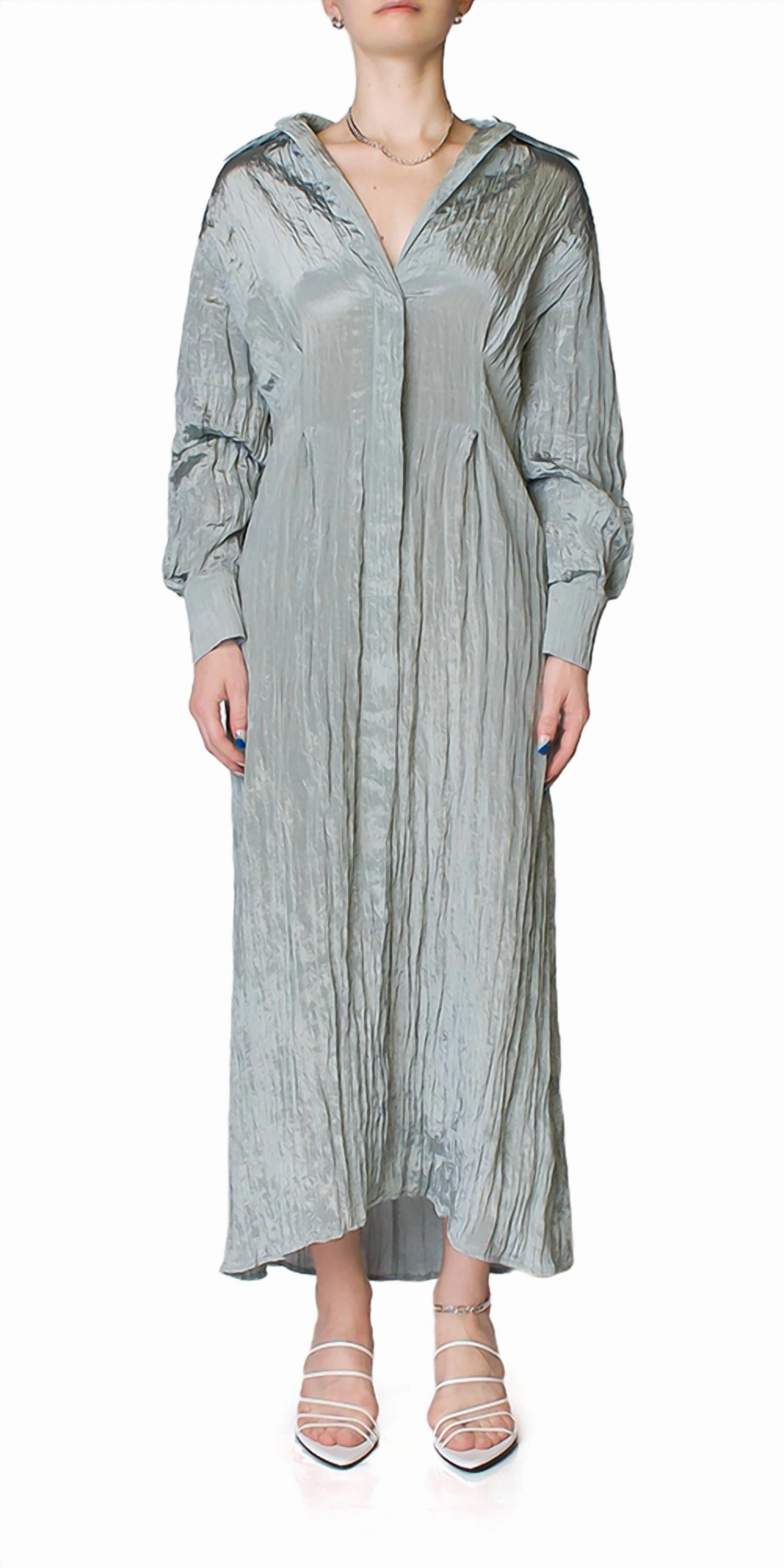 Long Sleeve Crinkled Satin Dress In Sea Stone