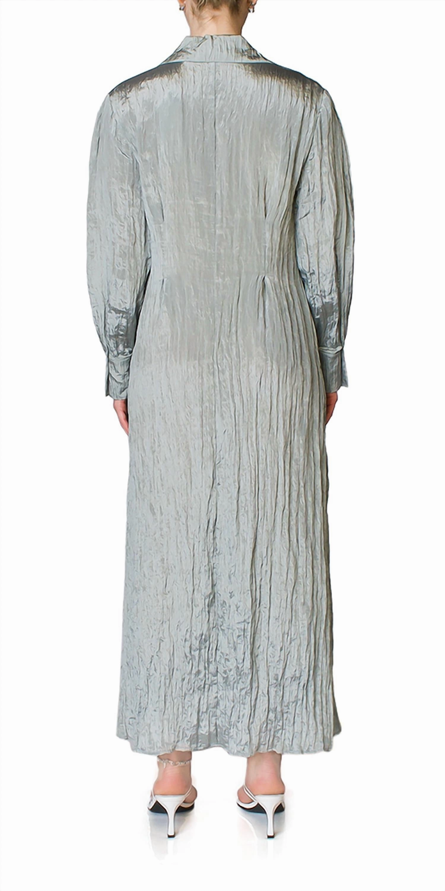 Long Sleeve Crinkled Satin Dress In Sea Stone