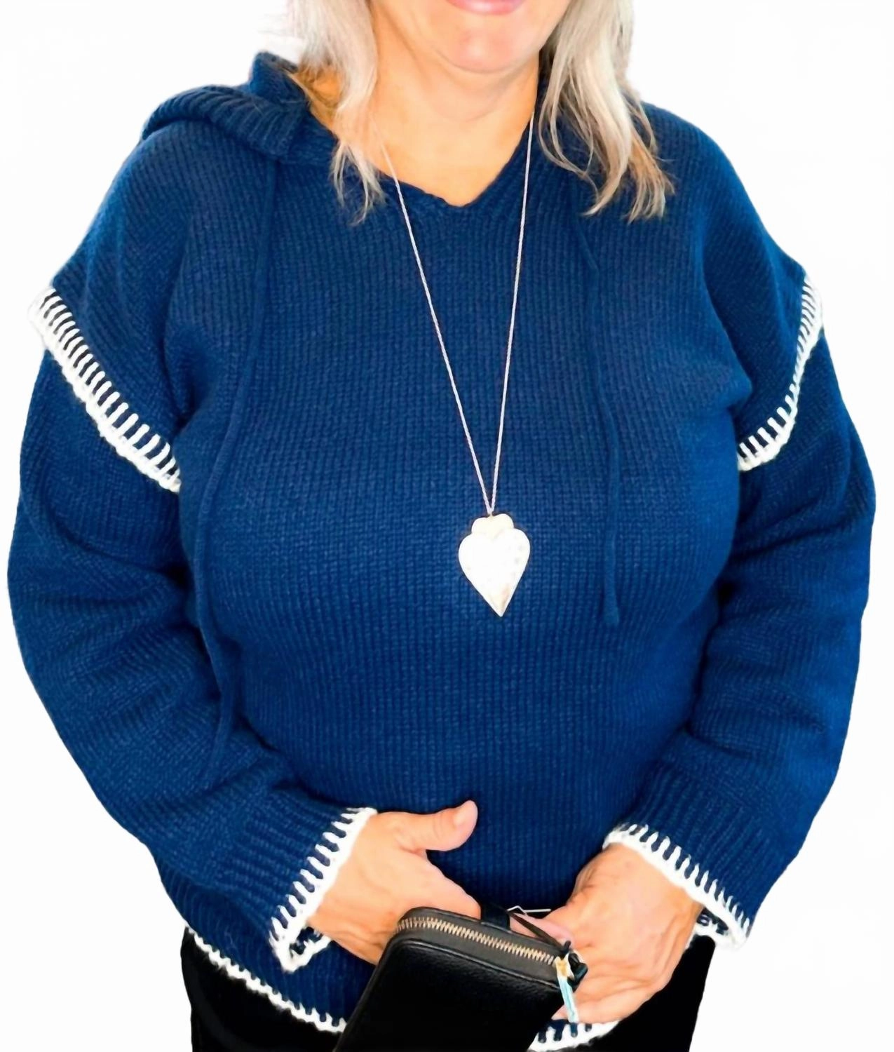 Long Sleeve Knit Hoodie Sweater Top With Blanket Stitch Detail In Navy
