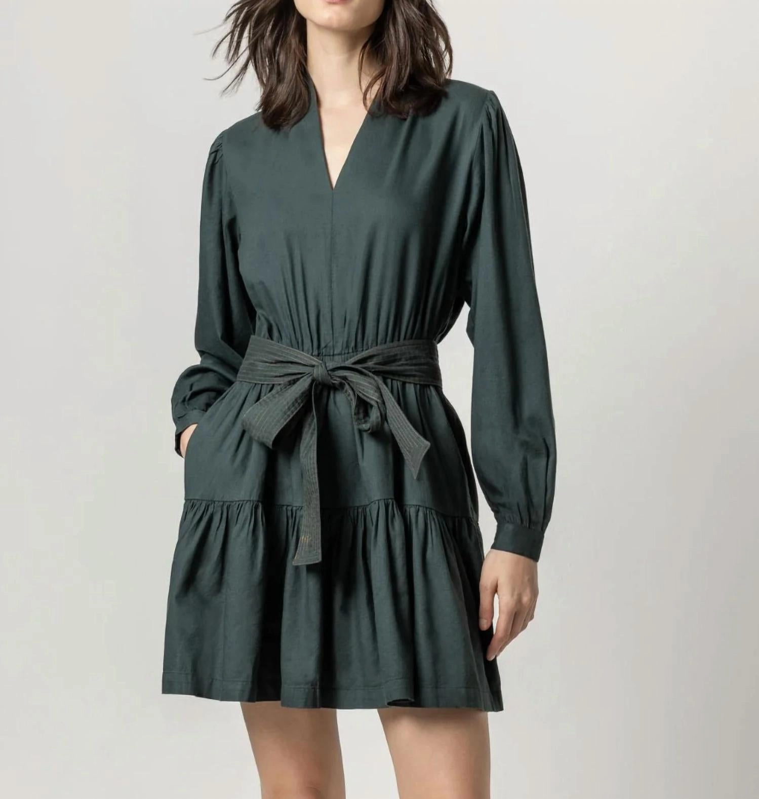 Long Sleeve Split Neck Peplum Dress In Elm