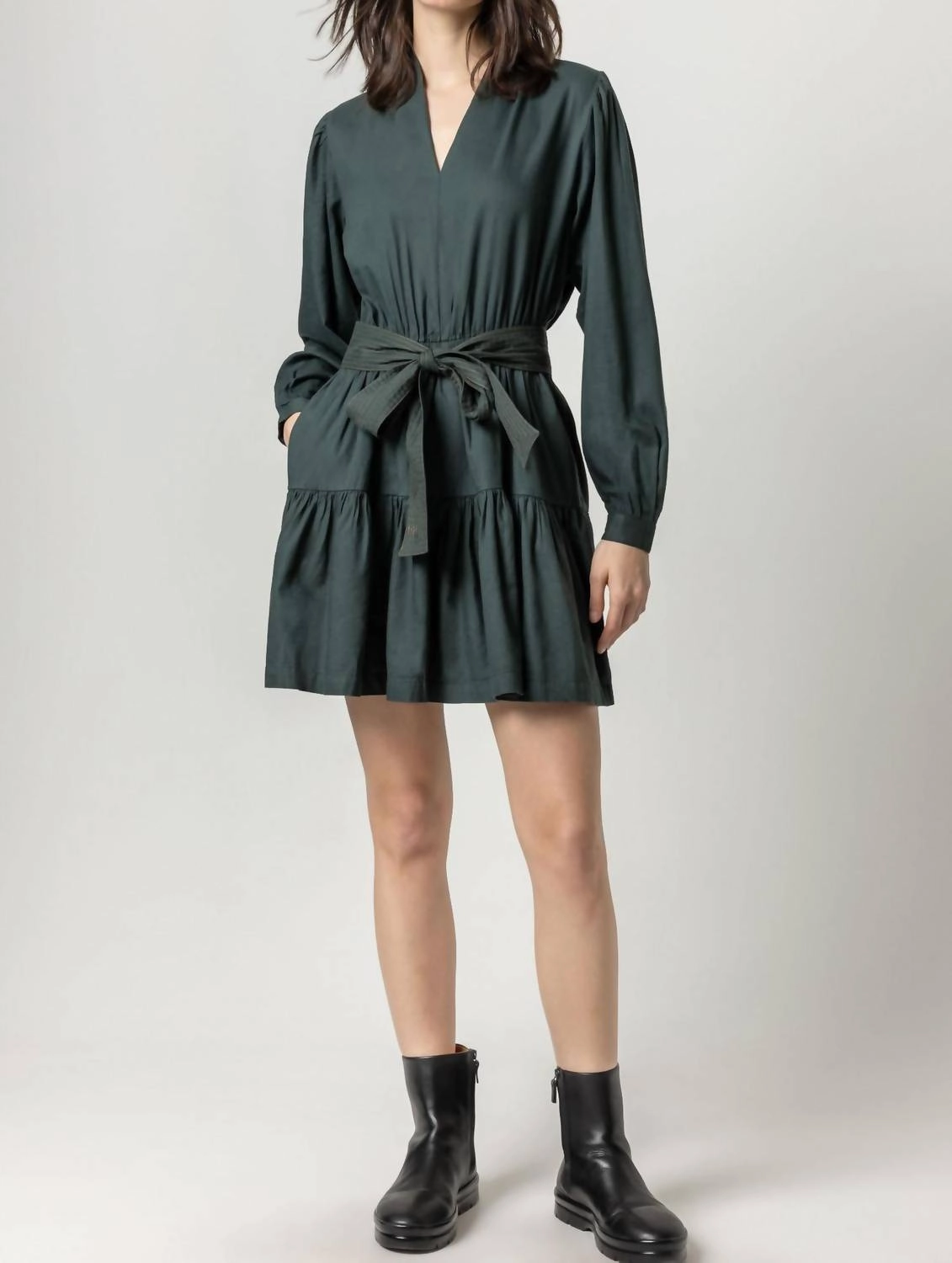 Long Sleeve Split Neck Peplum Dress In Elm