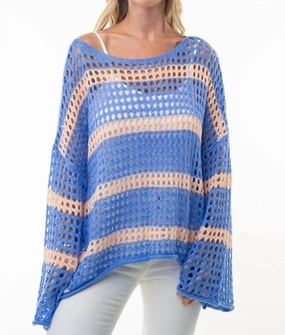 Long Sleeve Striped Knit Top In Blue Multi Swim Womens - shirred swimwear