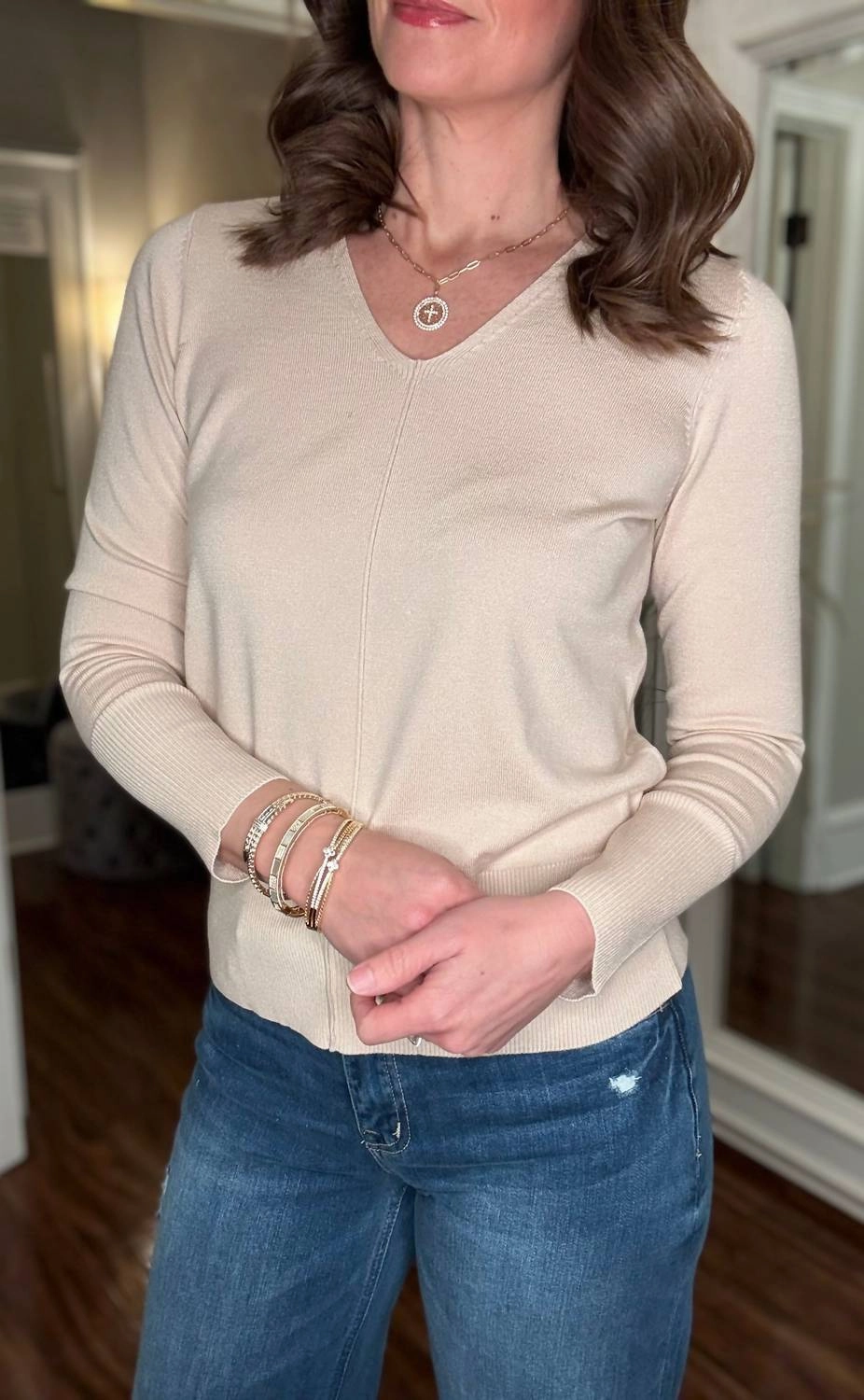 Longsleeve V-Neck Sweater In Sand