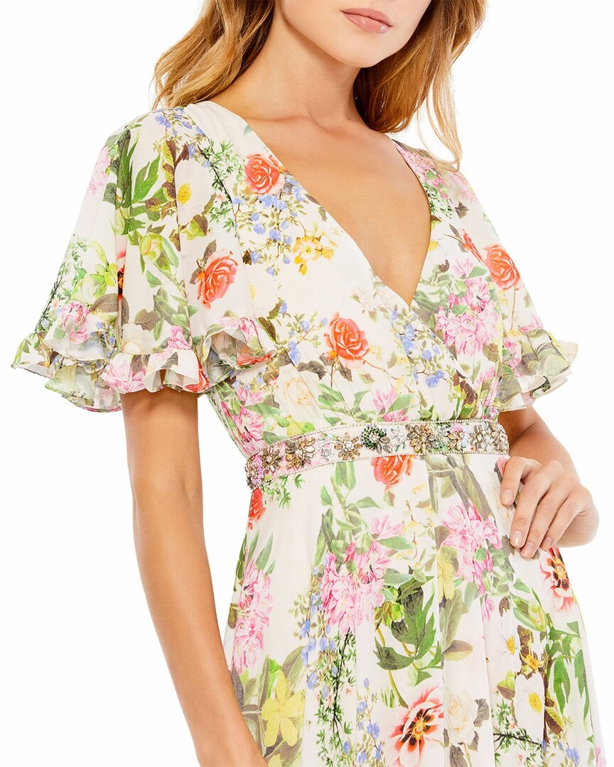 Mac Duggal Floral Print Faux Wrap Flutter Sleeve A Line Gown