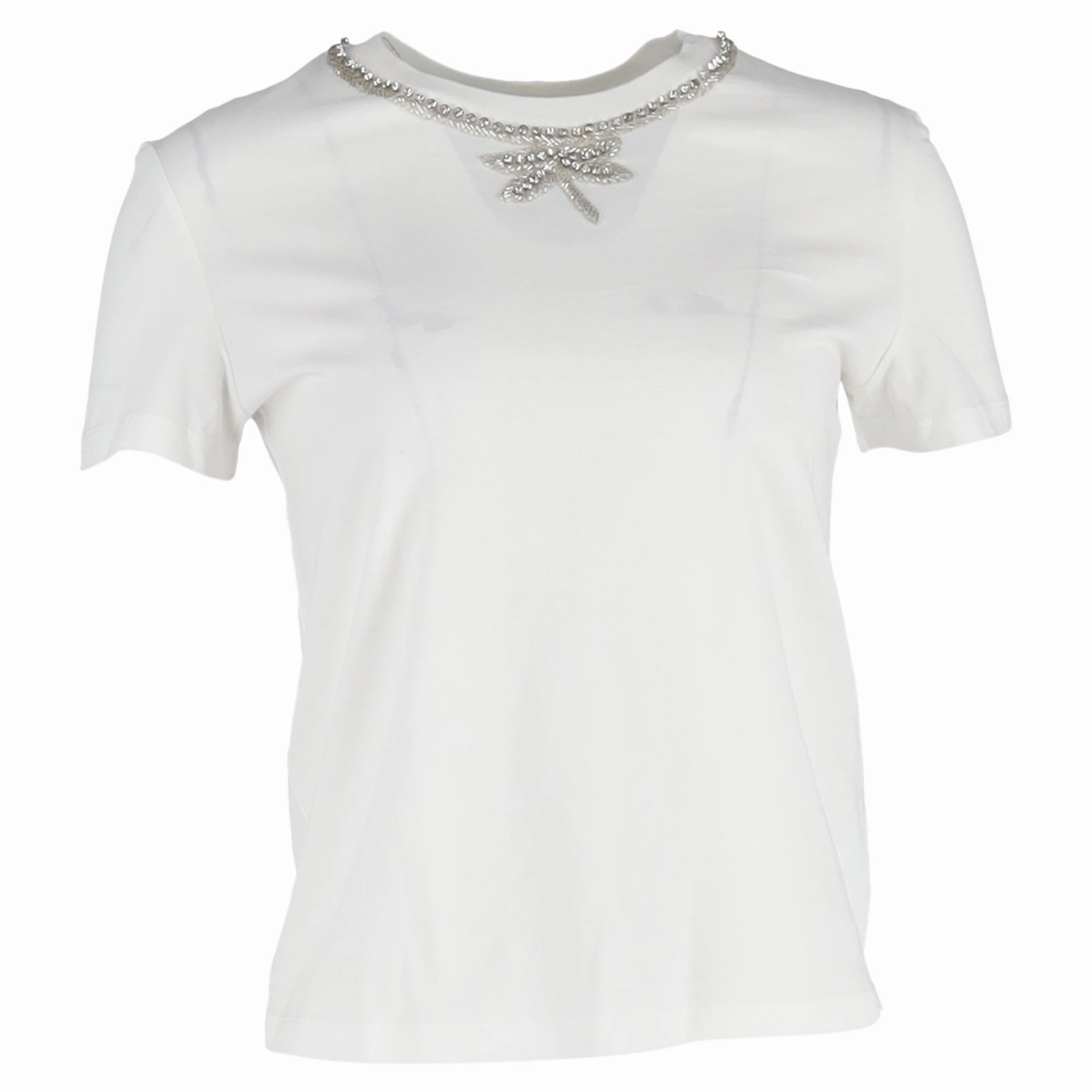 Maje Embellished-Neck T-shirt in White Cotton