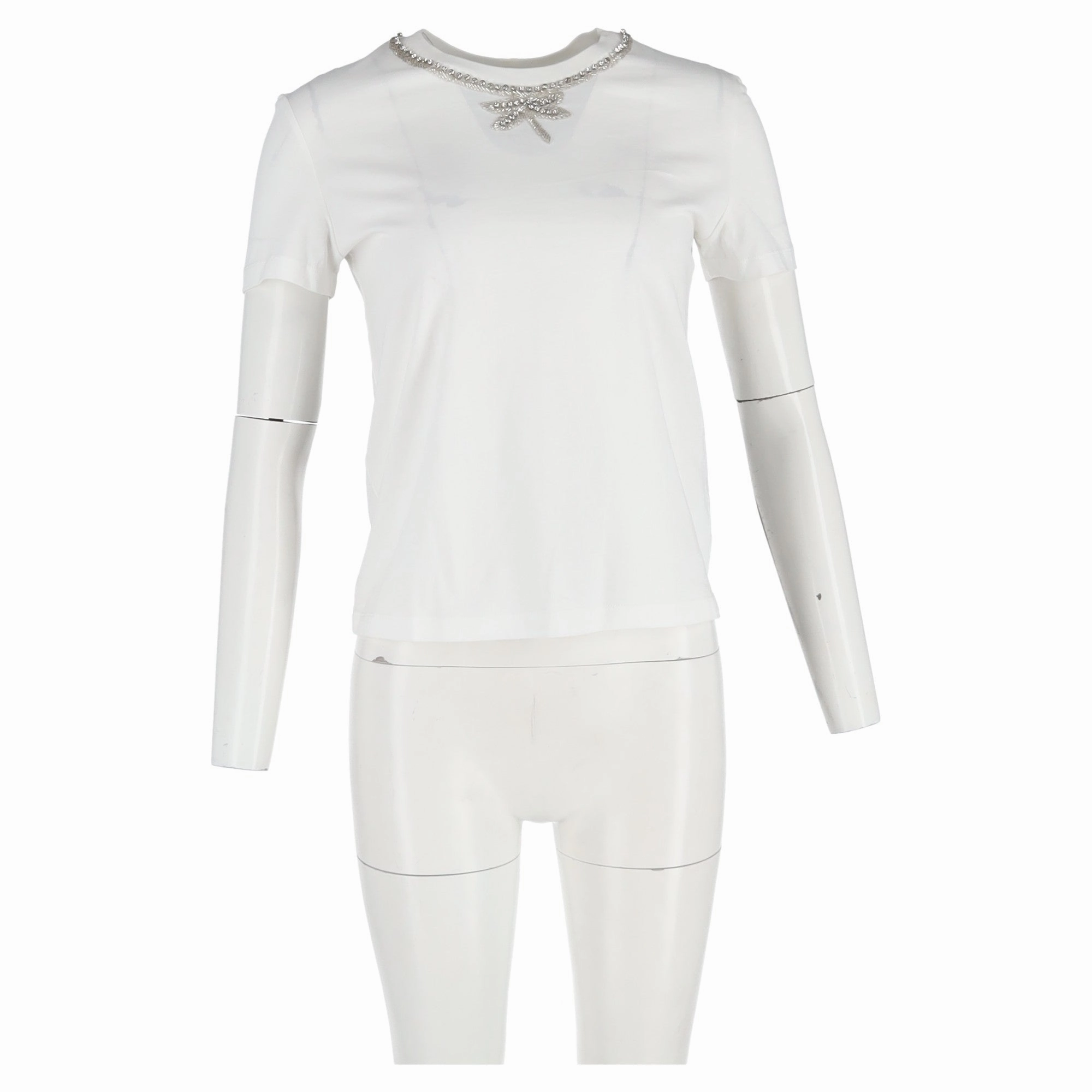 Maje Embellished-Neck T-shirt in White Cotton