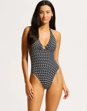 Mala Ring Front Halter Swimsuit - Black Seafolly - Seafolly bikinis sale