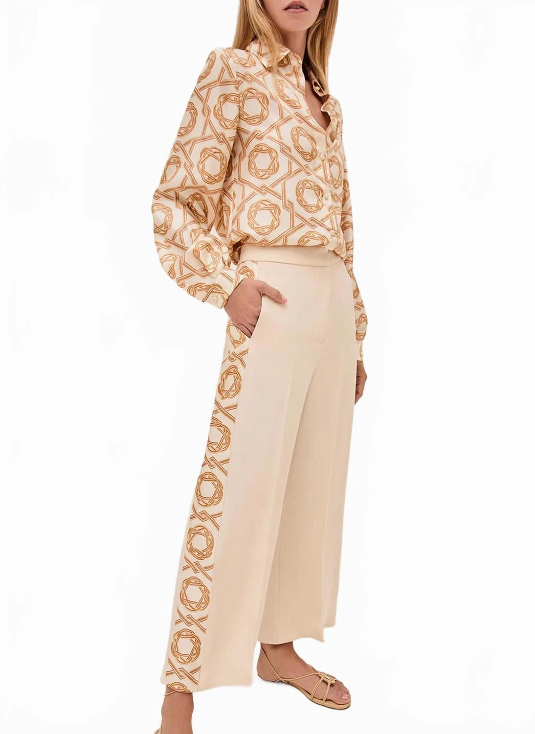 Maraville Long Sleeve Button Down Top In Ivory/orange