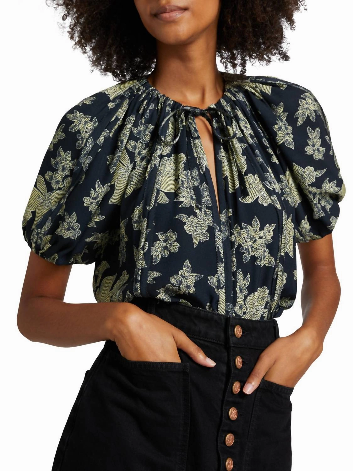 Marcelena Floral Tieneck Blouse In Minuit