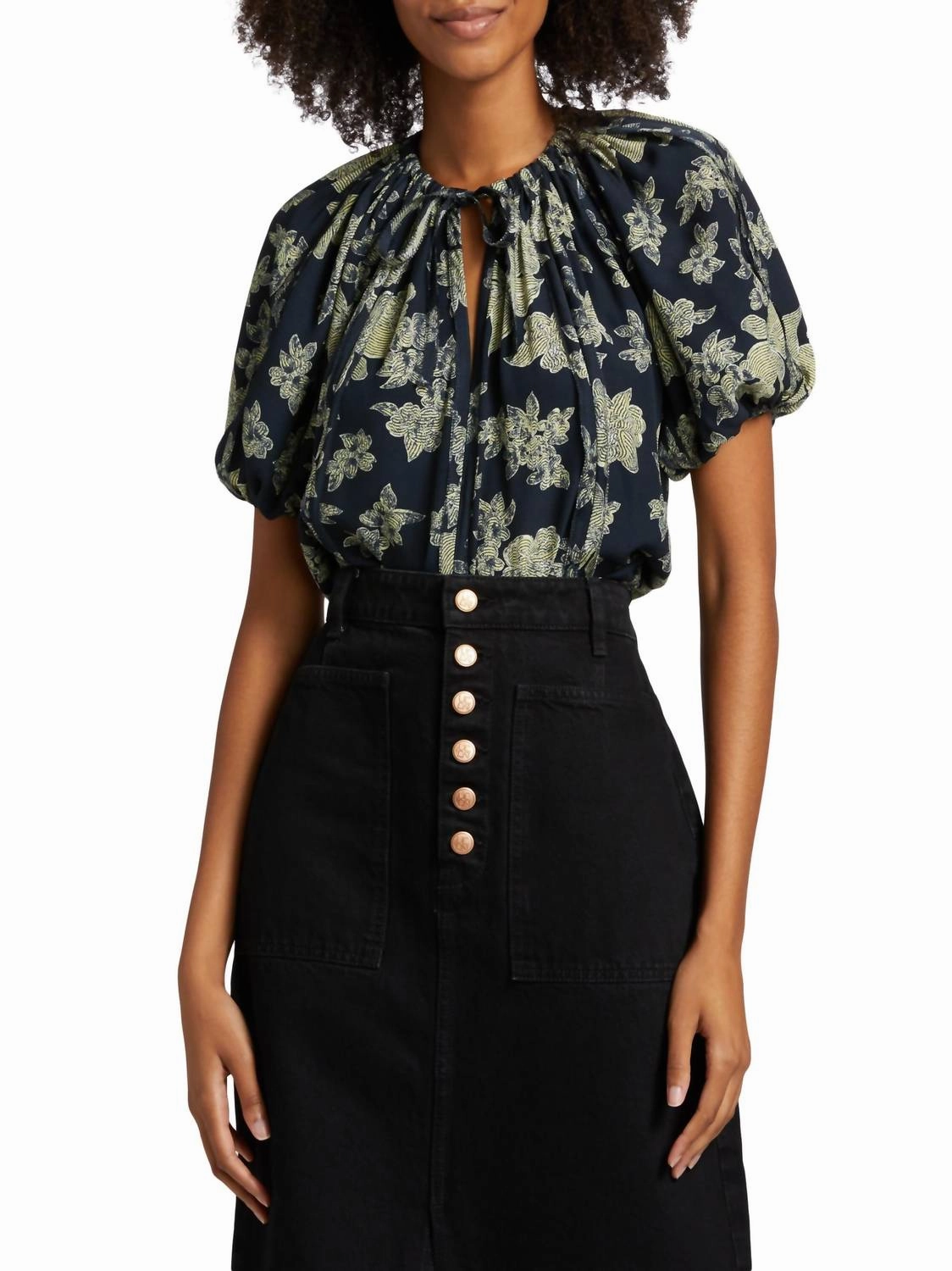 Marcelena Floral Tieneck Blouse In Minuit