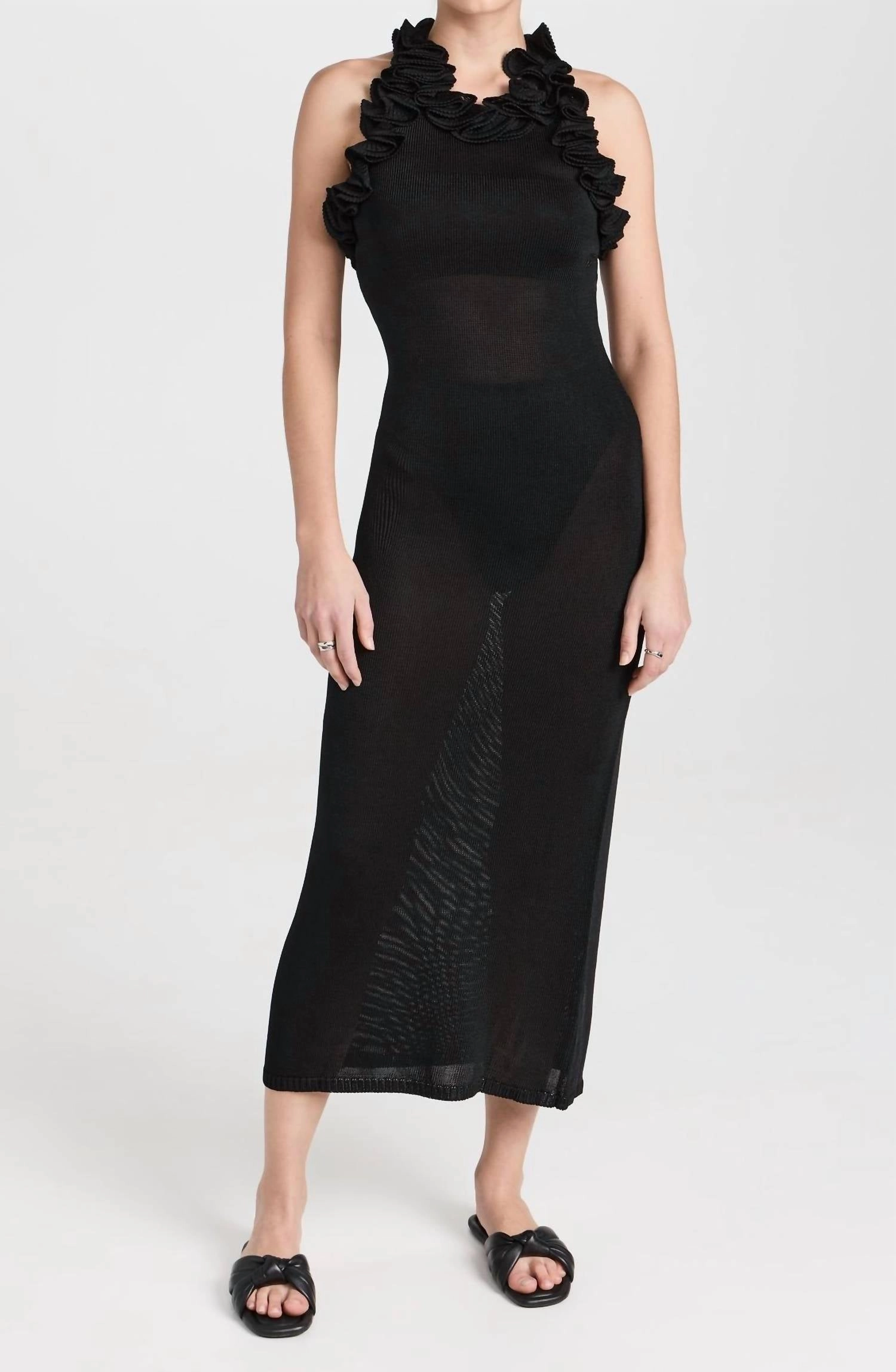Matchmaker Ruffle Neck Midi Dress In Black