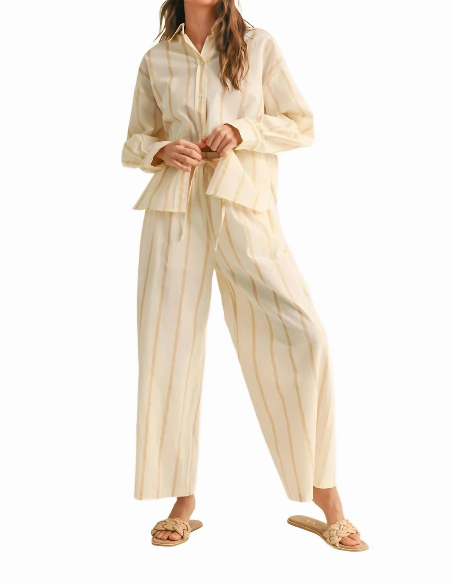 Maya Striped Button Down Top In Beige