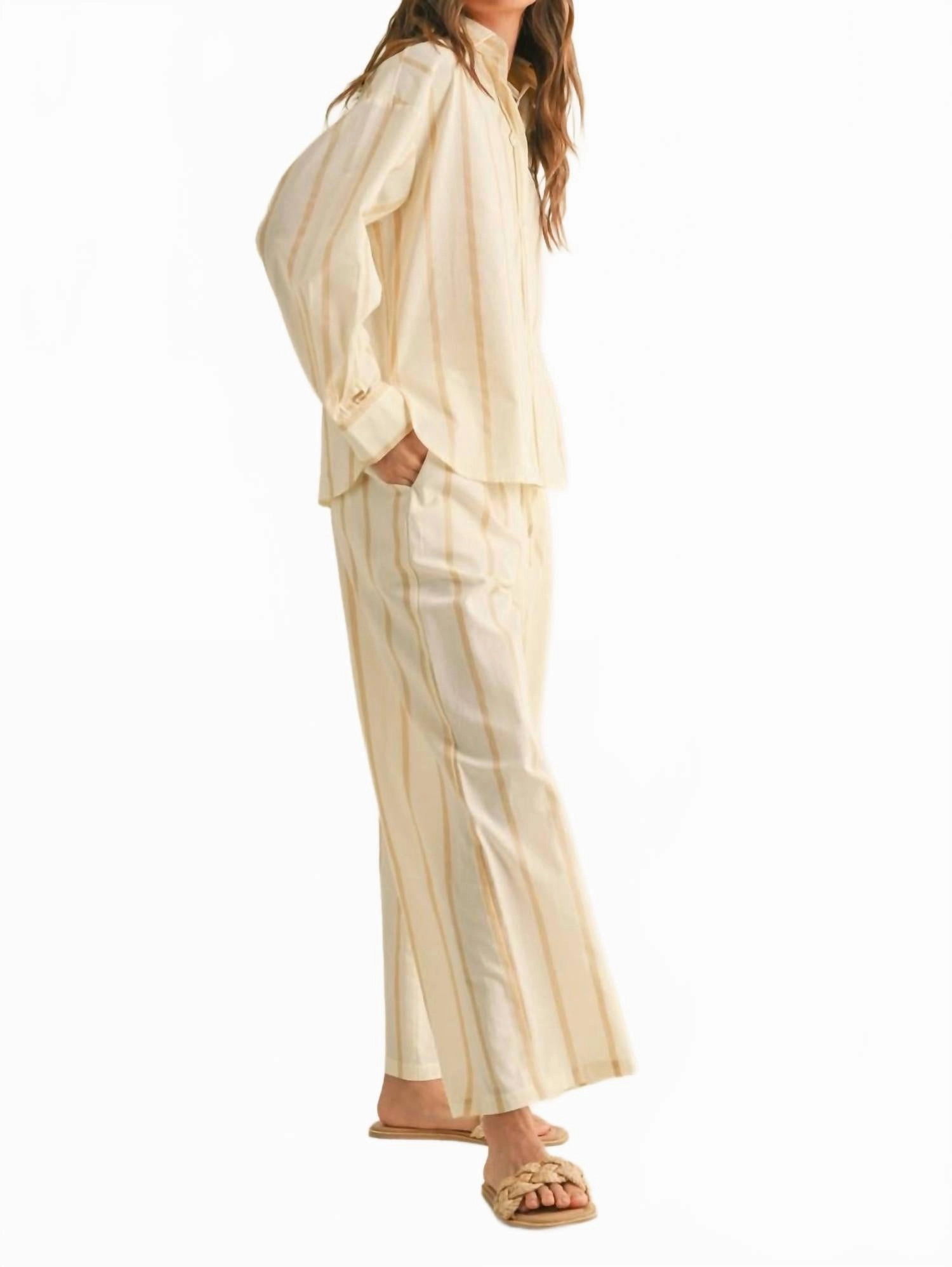 Maya Striped Button Down Top In Beige