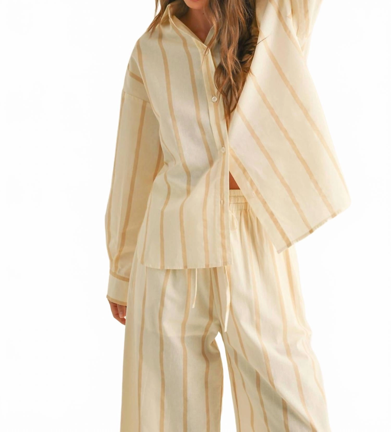 Maya Striped Button Down Top In Beige