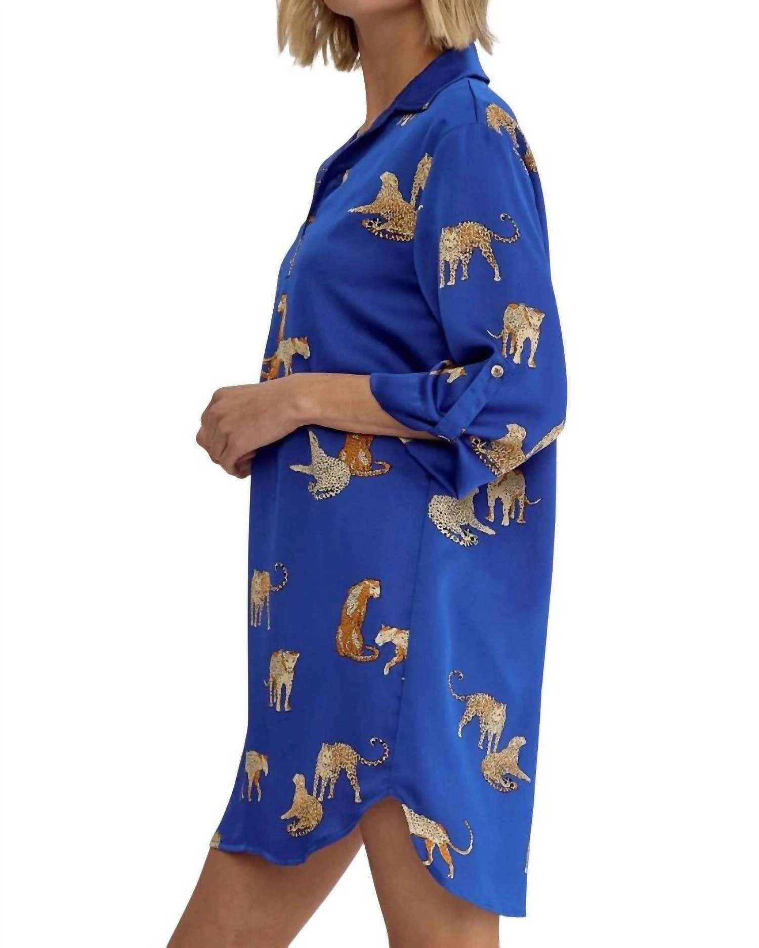 Mayra Cheetah Print Tunic Mini Dress In Royal