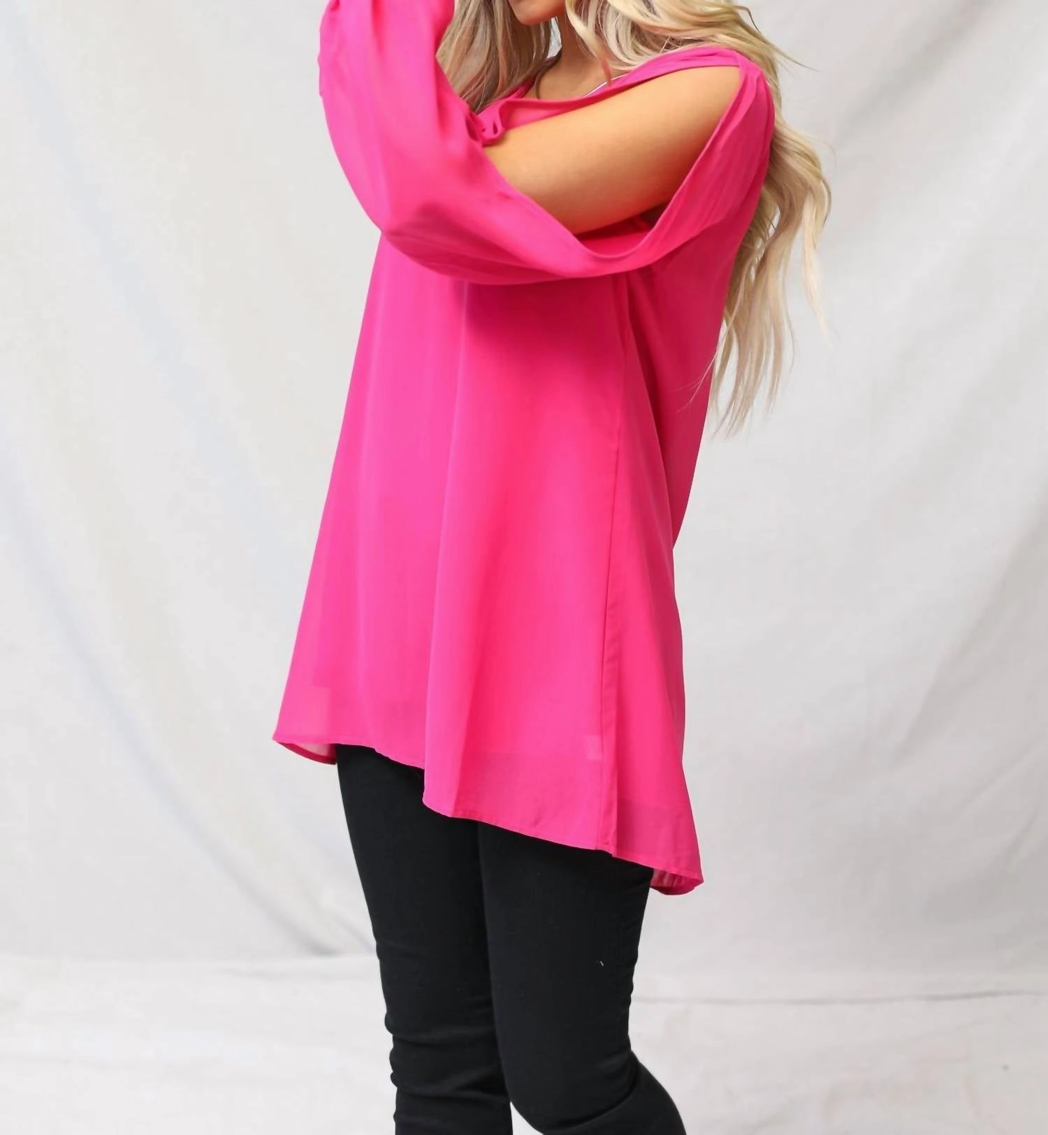 Meg Chiffon Slit Top In Hot Pink