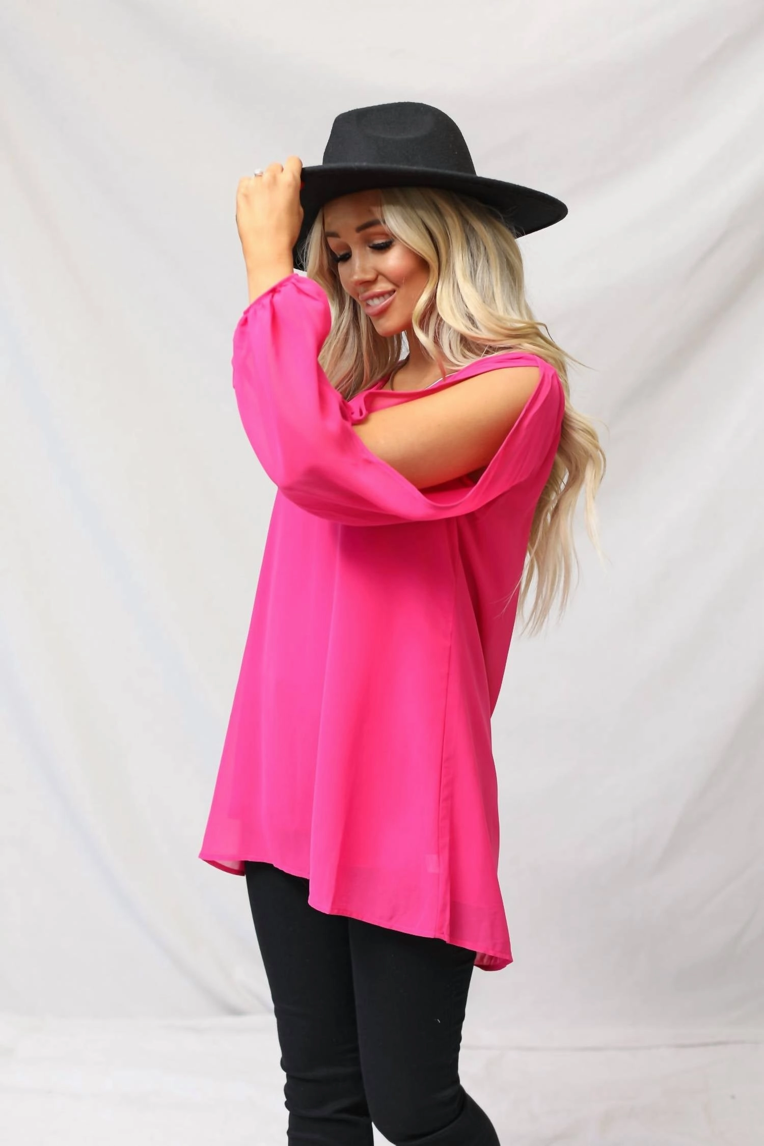 Meg Chiffon Slit Top In Hot Pink