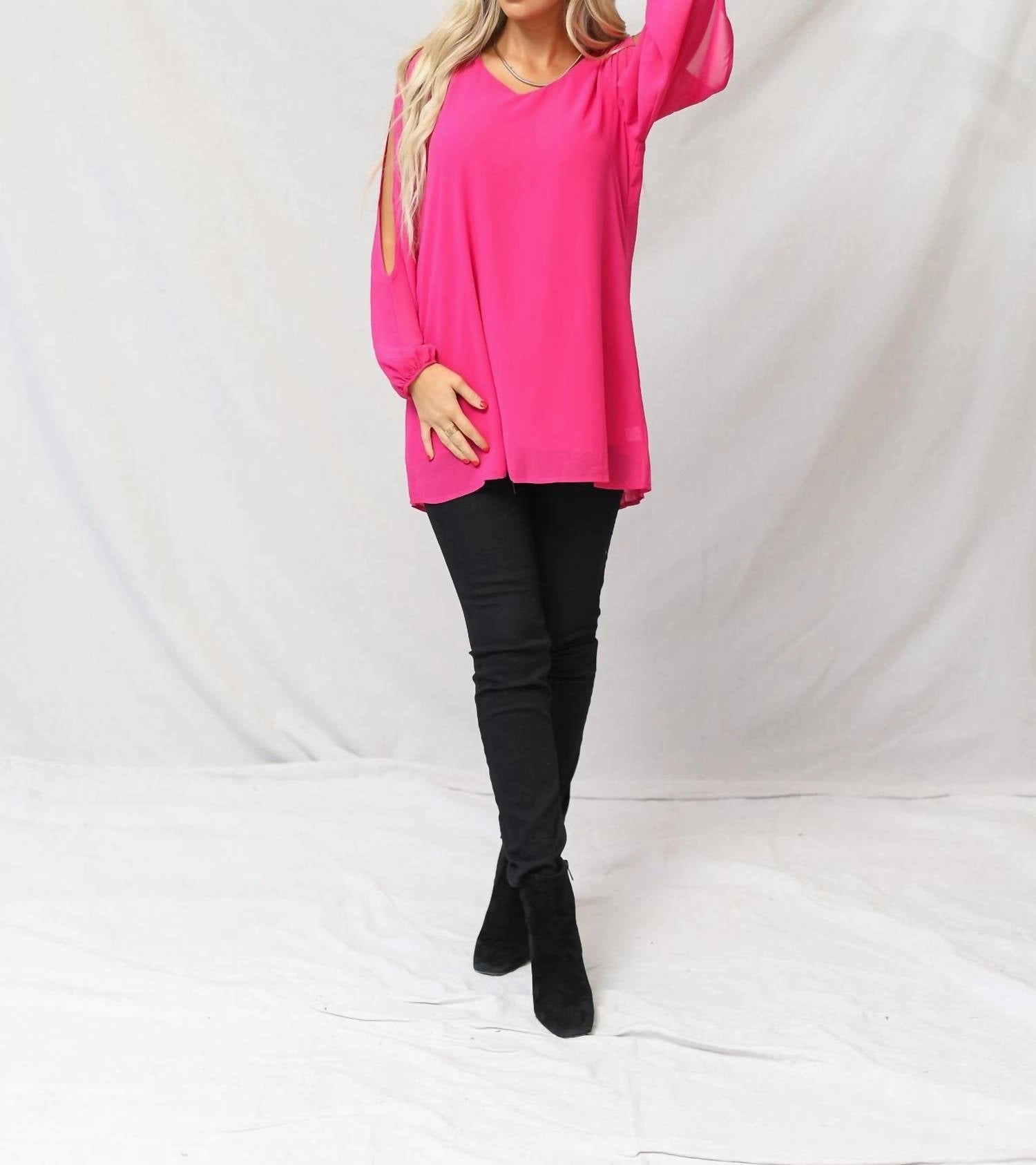 Meg Chiffon Slit Top In Hot Pink