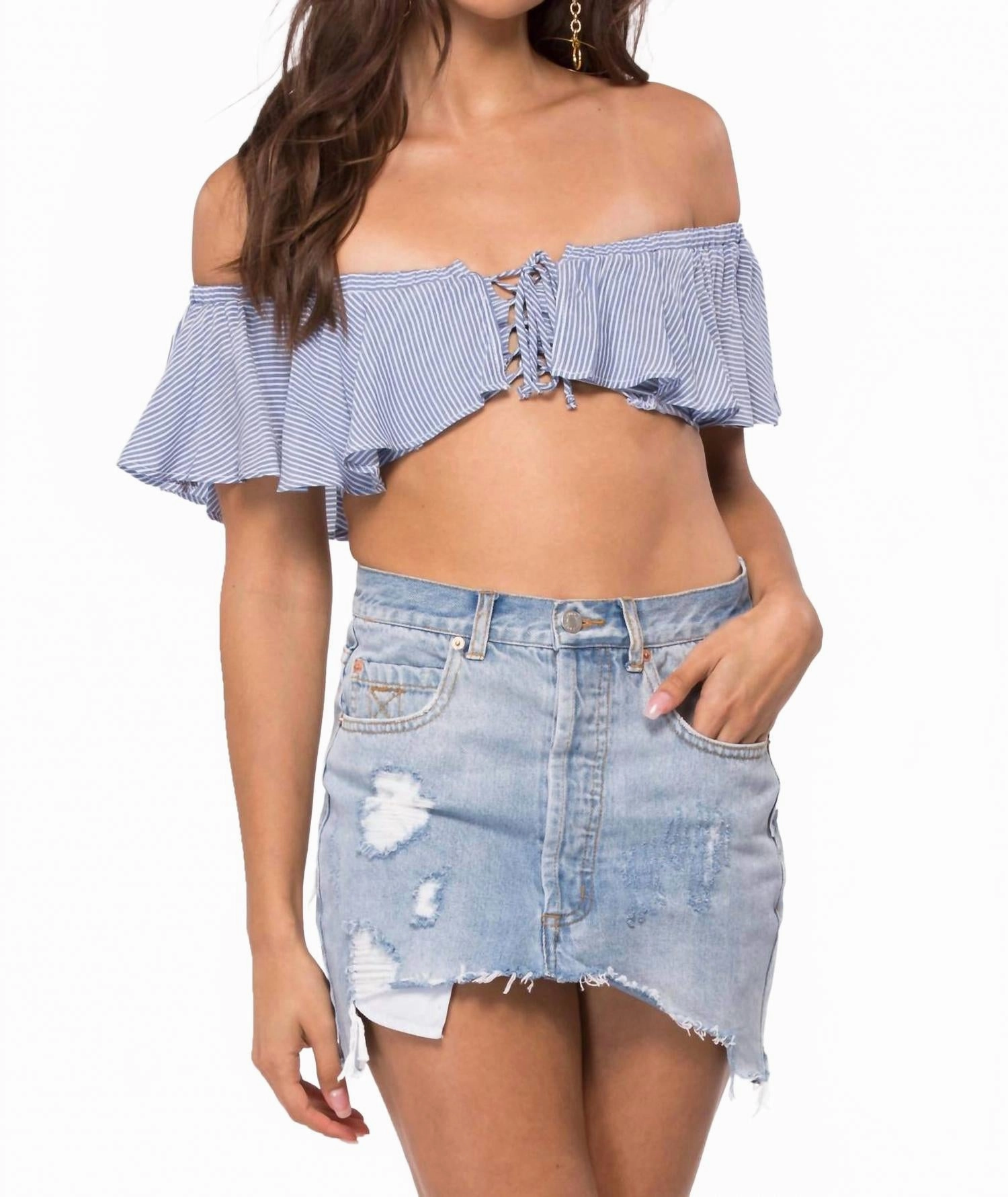 Melanie Off The Shoulder Lace Top In Denim Stripe Blue