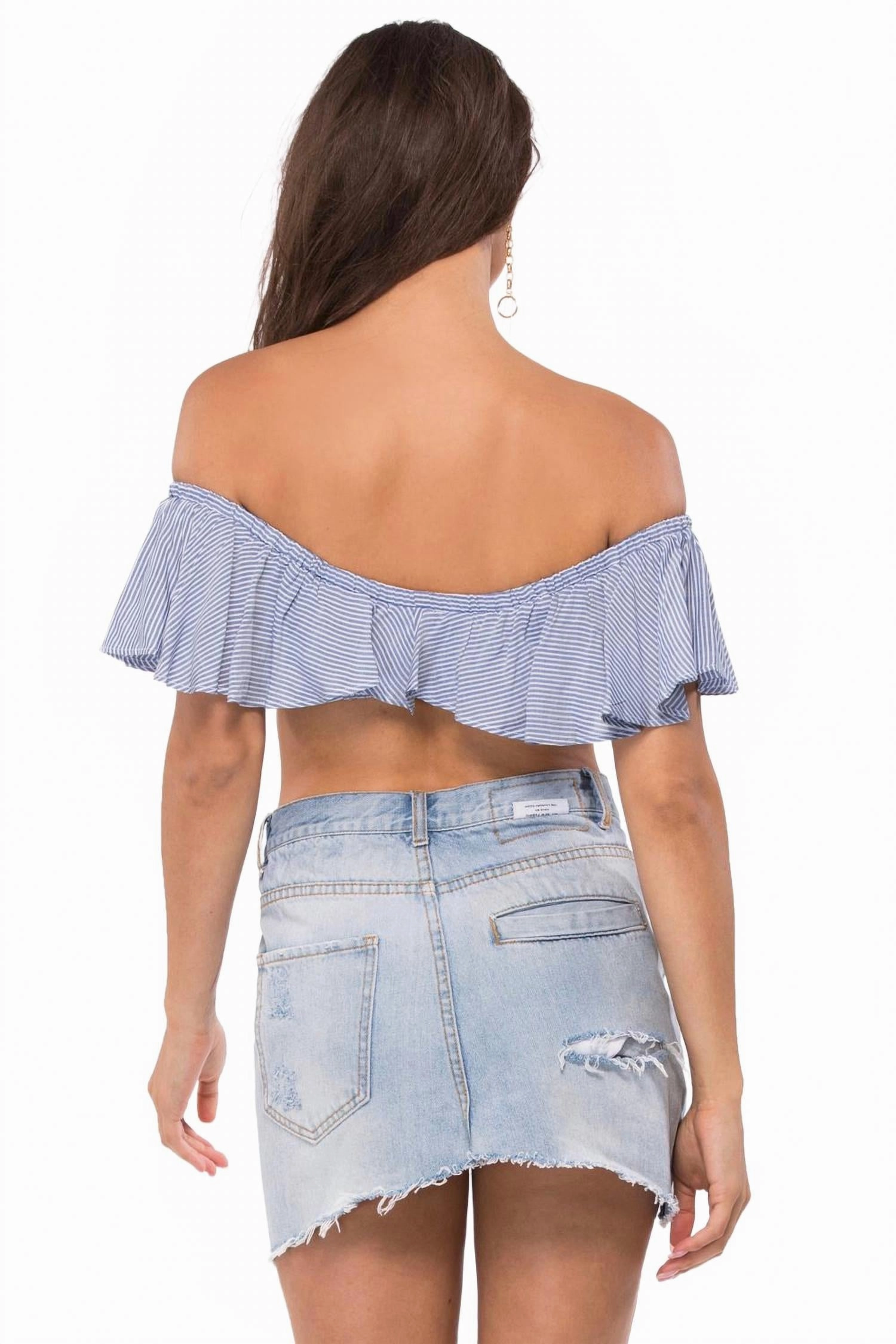 Melanie Off The Shoulder Lace Top In Denim Stripe Blue