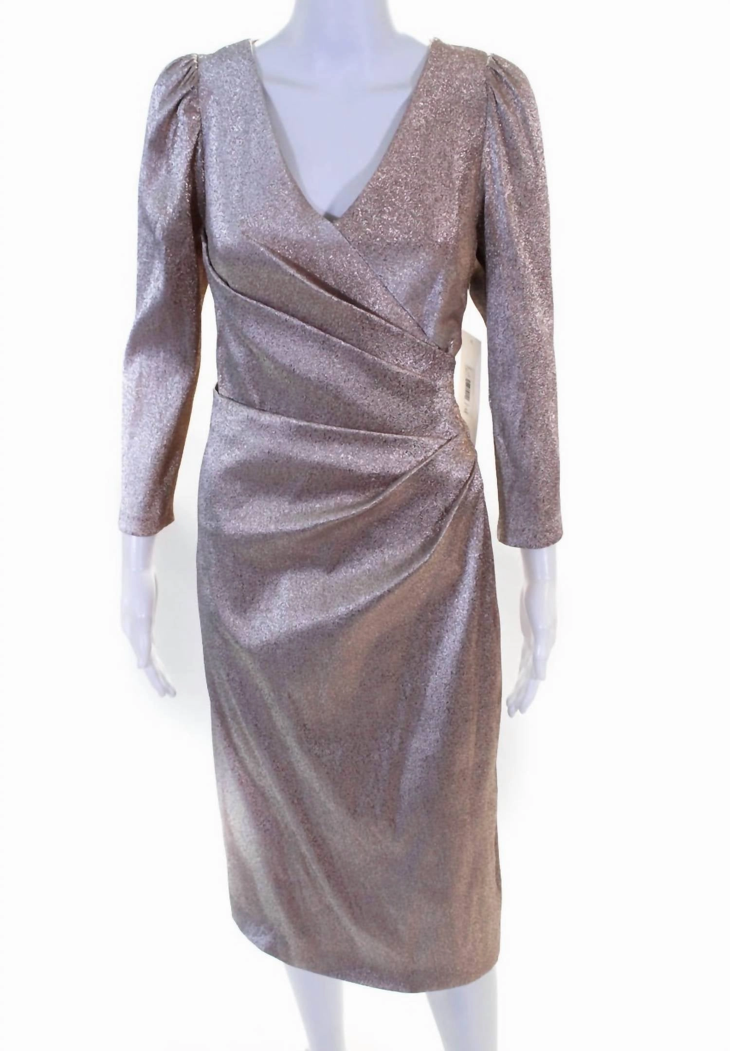 Metallic Stretch V-Neck Long Sleeve Dress In Silver Rose