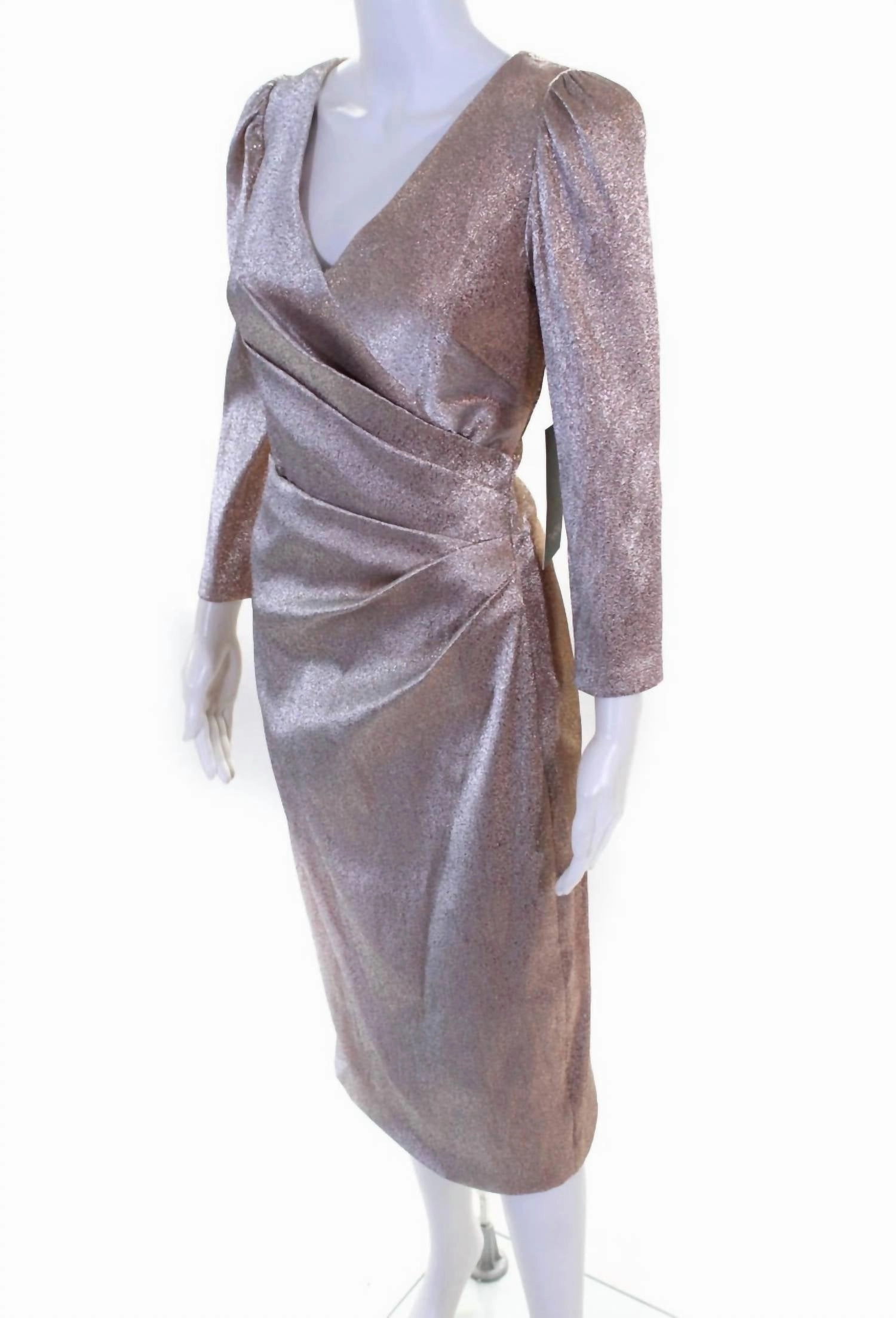 Metallic Stretch V-Neck Long Sleeve Dress In Silver Rose