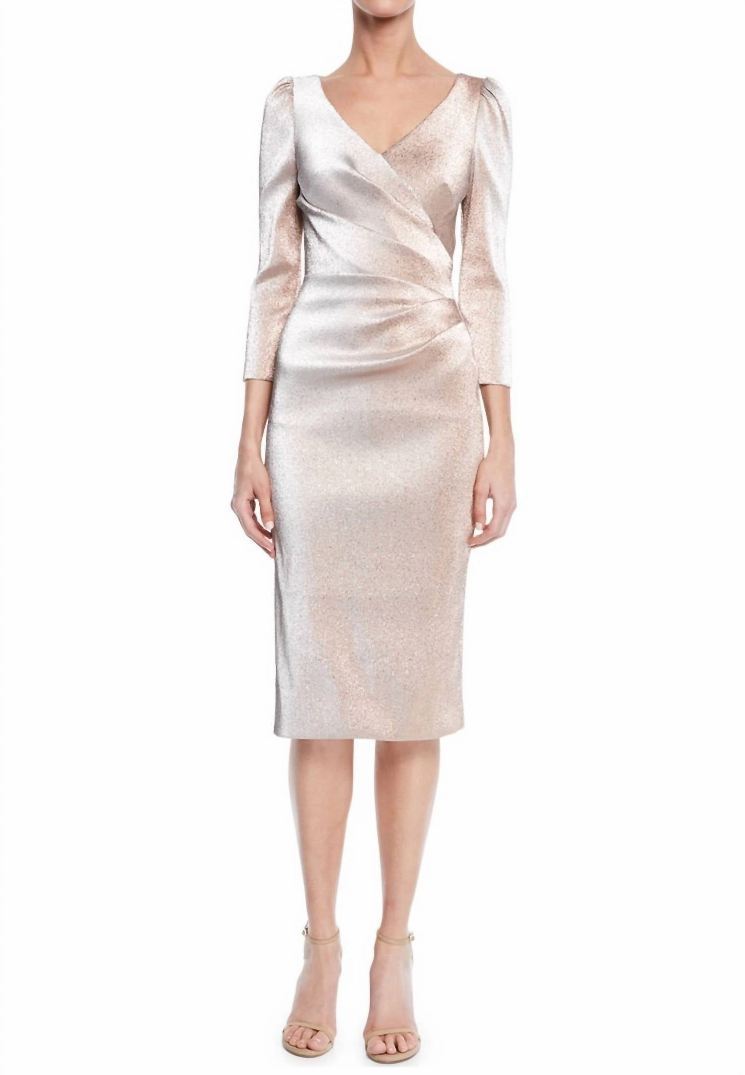 Metallic Stretch V-Neck Long Sleeve Dress In Silver Rose