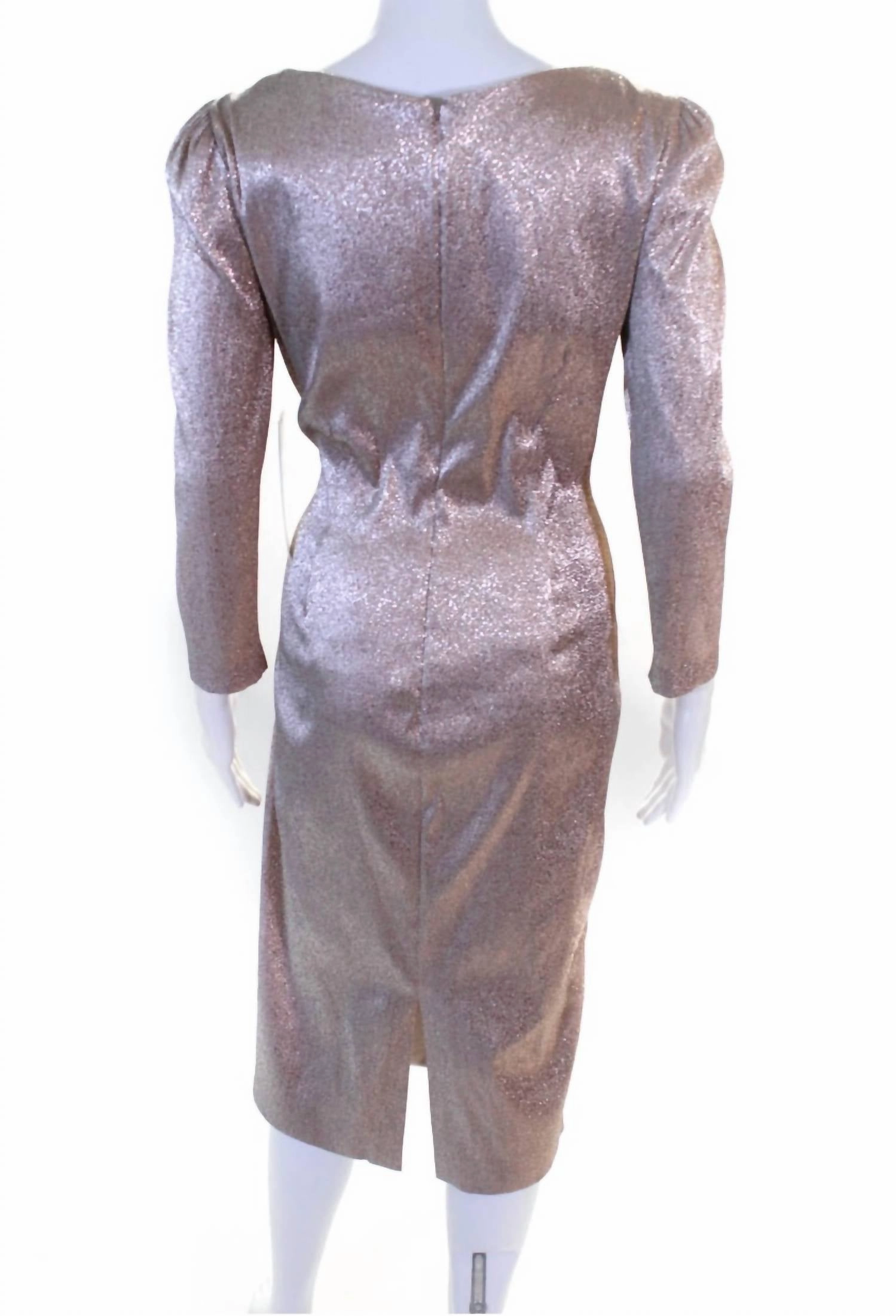 Metallic Stretch V-Neck Long Sleeve Dress In Silver Rose
