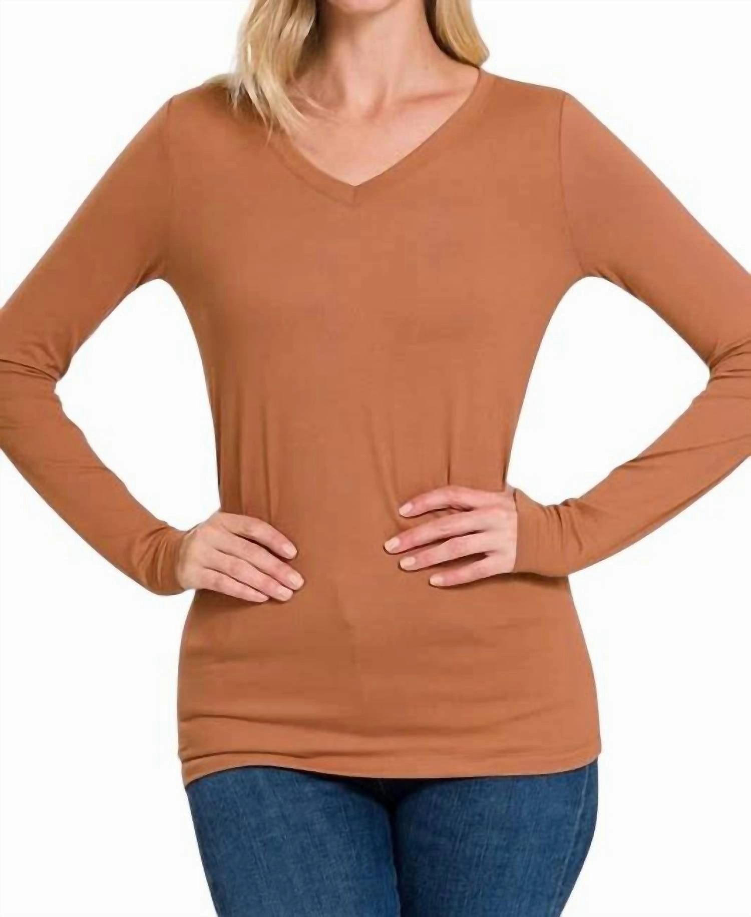 Microfiber Long Sleeve V Neck Tee In Deep Camel