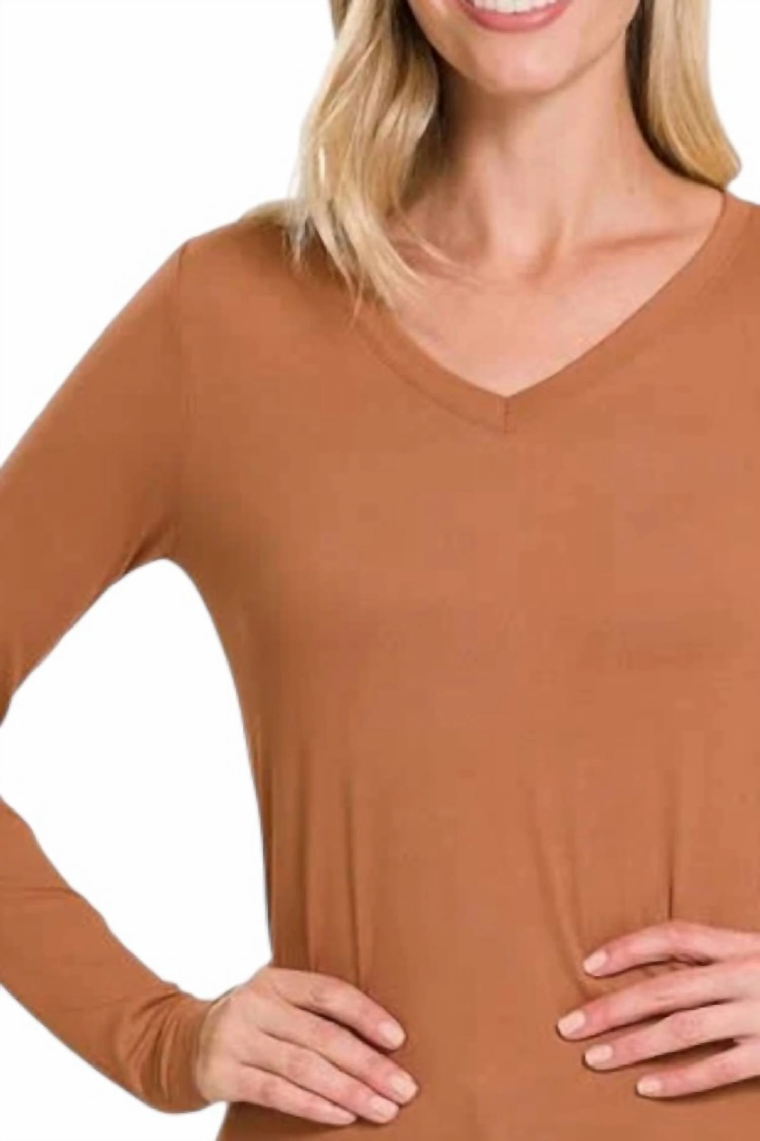 Microfiber Long Sleeve V Neck Tee In Deep Camel
